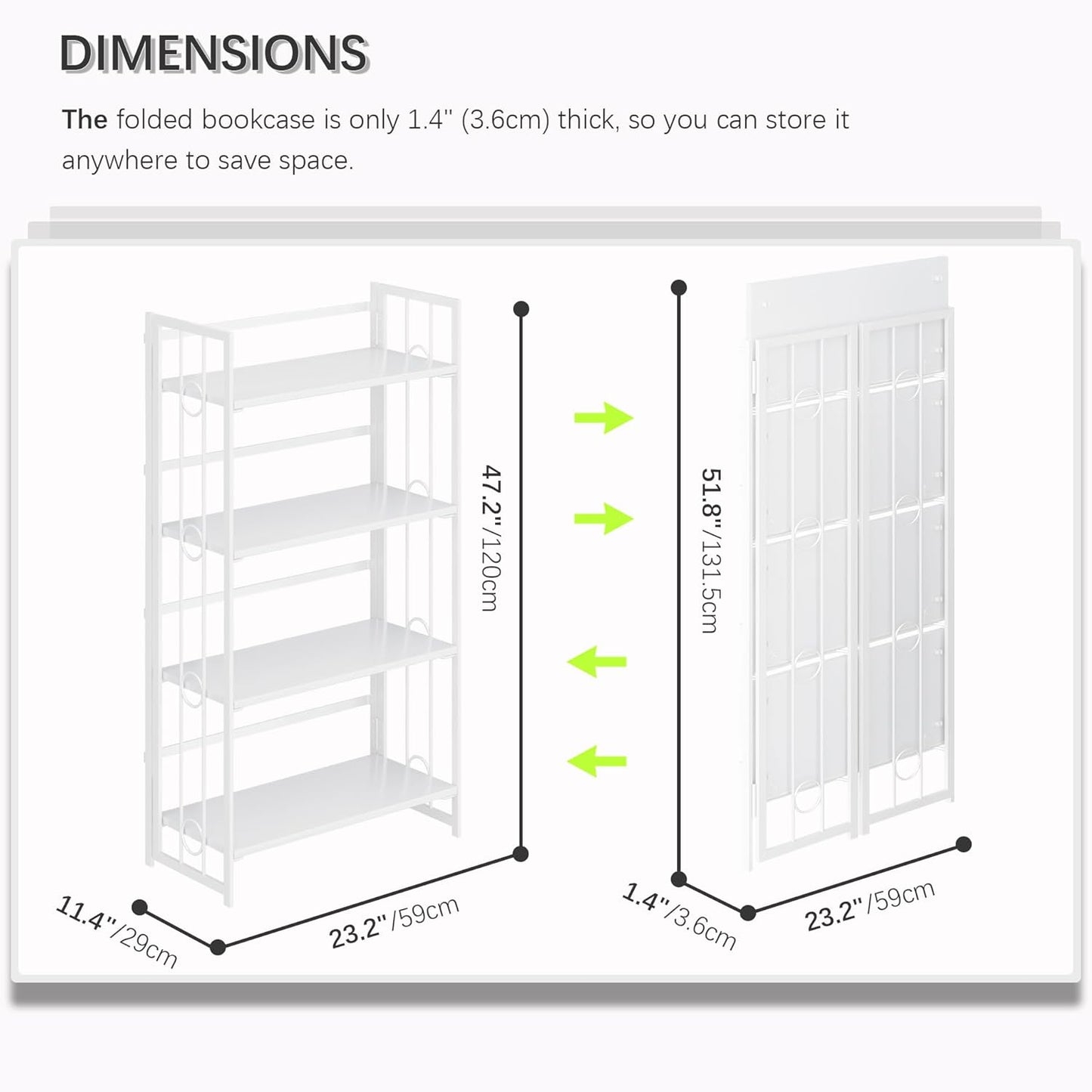 4NM No Assembly 4 Tiers Folding Bookshelf, 47.2" H Foldable Storage Shelves Vintage Bookcase Standing Racks Study Organizer Home Office - All White