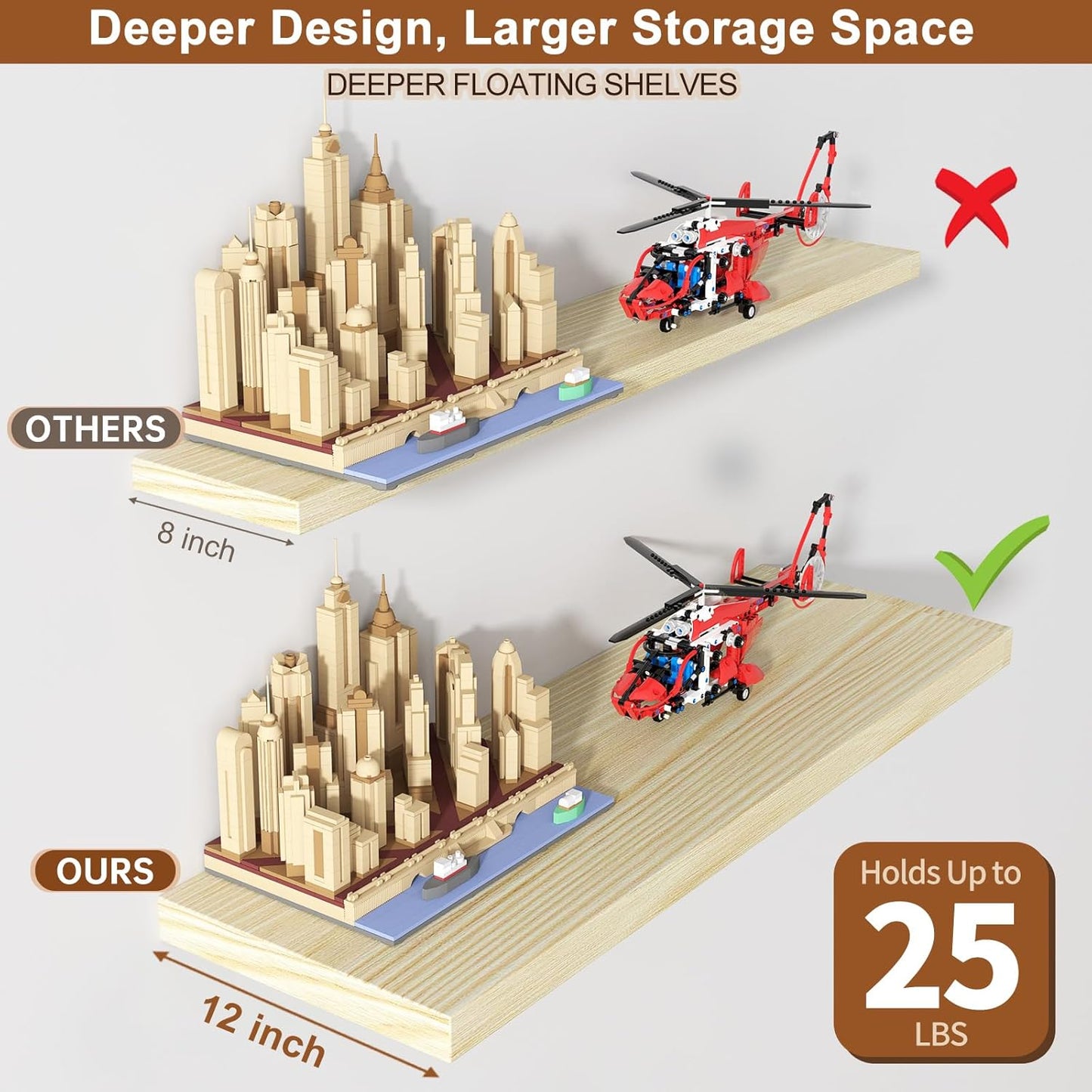 12 Inch Deep Floating Shelves for Wall 3 Pack Floating Shelves Large Storage Space Wall Mount Shelf for Living Room Kitchen Bathroom 30" W x 12" D x 1.2" H Oak
