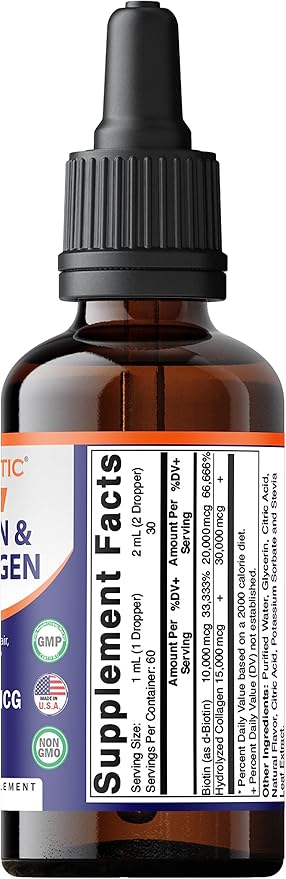 Vitamatic 2 Packs Liquid Biotin & Collagen for Hair Growth - Women & Men – Supports Glowing Skin, Healthy Hair & Nail Growth (2Fl Oz)