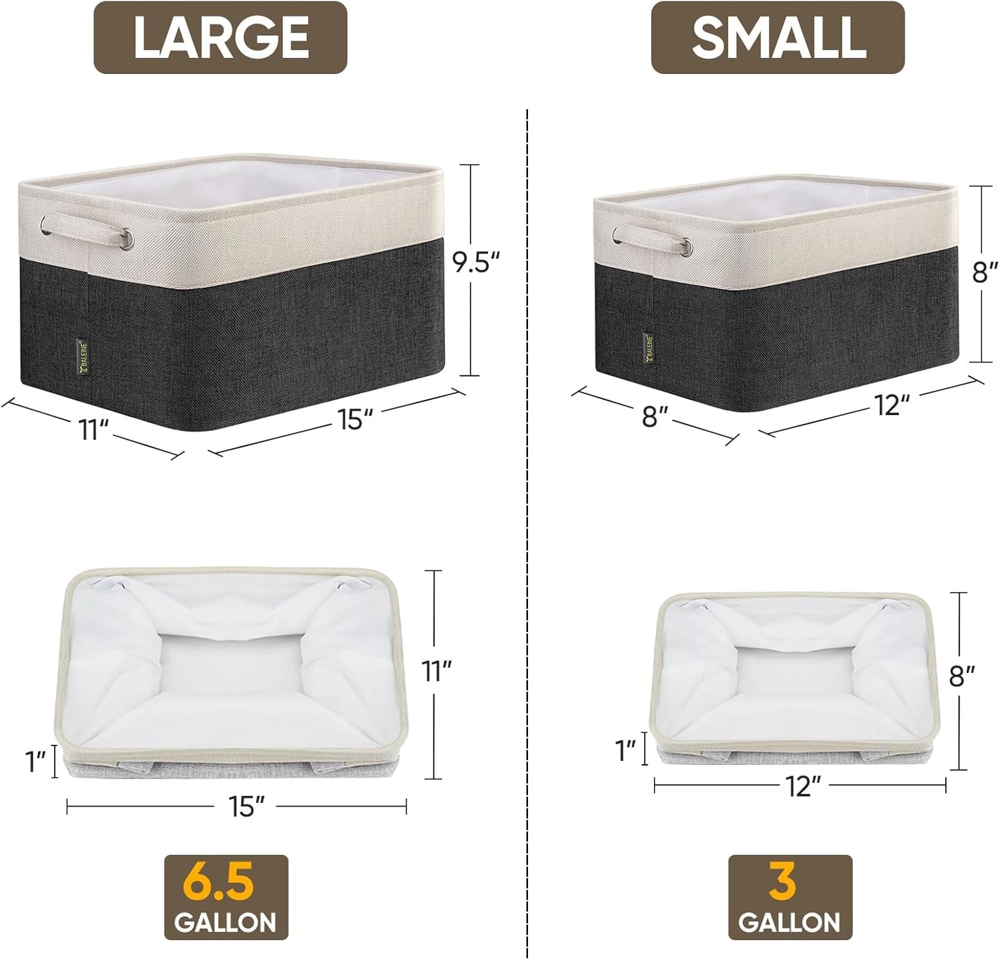 BALEINE 2 Pack Fabric Storage Bins for Shelves, Linen Storage Baskets for Organizing, Decorative Closet Bins for Clothes, Home (Black, 15"x11"x9.5")