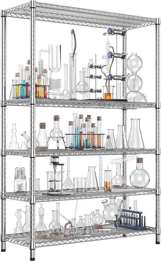 IZEUK 4250 LBS Garage Shelving Wide Storage Shelves 5 Tier Metal Shelves Heavy Duty Adjustable Utility Shelf Rack Chrome 17.7" D x 59.1" W x 70.4" H