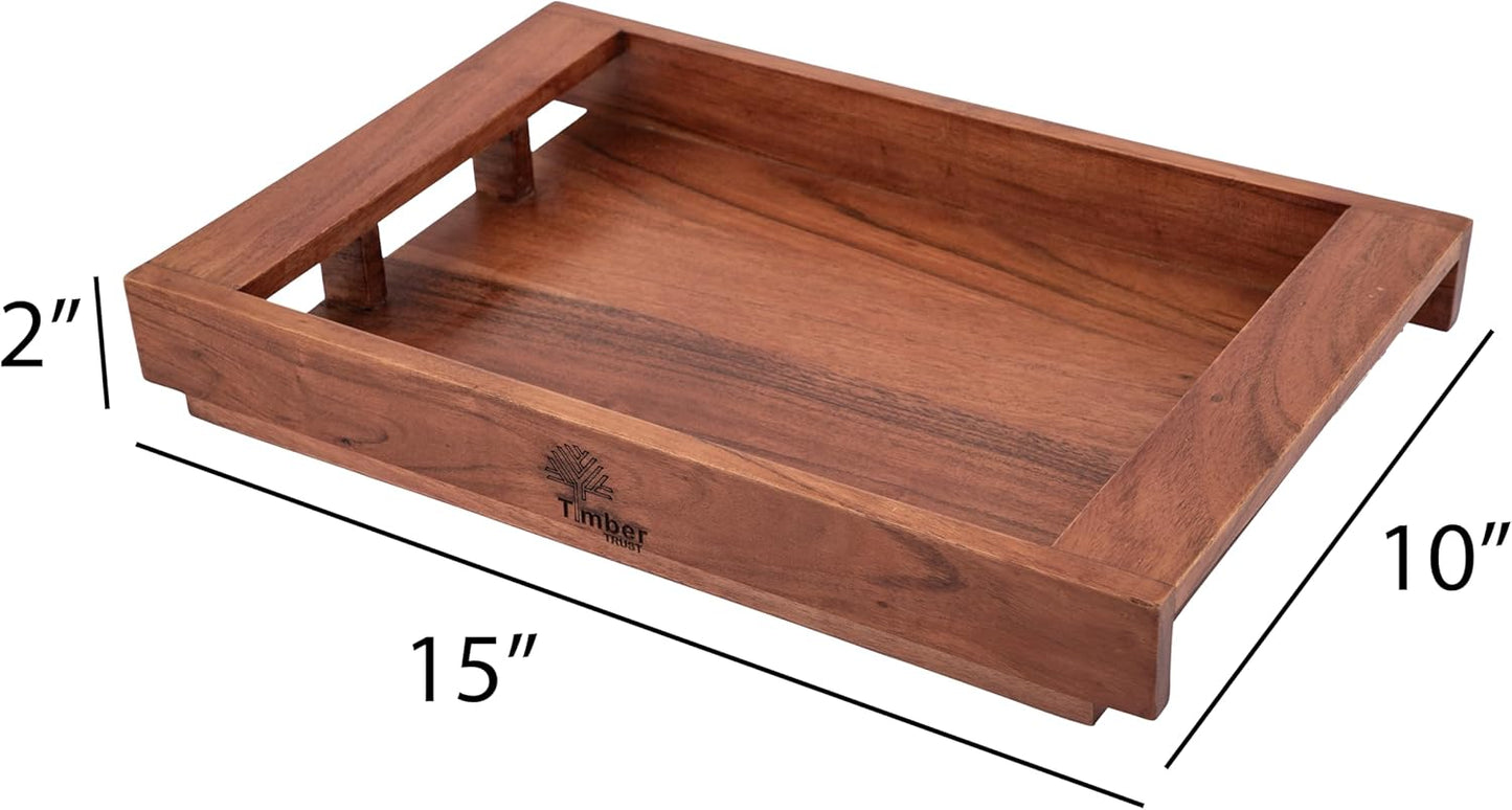 Acacia Wood Serving Tray with Handles – 15x10x2 Inch Decorative Tray for Breakfast in Bed, Dinner, Appetizers, Coffee Table, BBQ, Patio & Party – Perfect for Lap & Couch Use