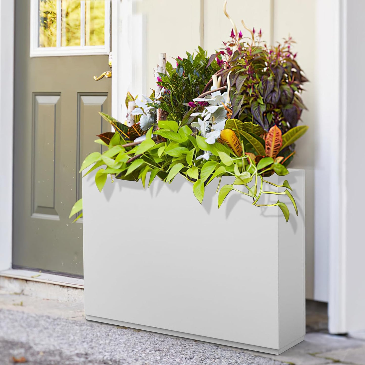 FENCY Metal Rectangular Planter Box Large Planters for Outdoor Plants, Tall Planters for Outdoor Plants with Drainage Holes, Rectangular Planters for Outdoor Plants (35.4" L x 9" W x 25.6" H,White)