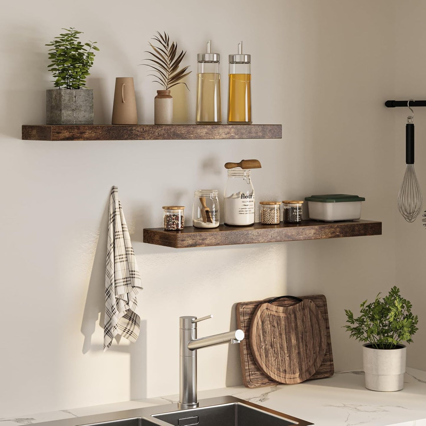 Floating Shelves for Wall, 36"W x 8"D x 1.5"H, Wooden Wall Mounted Display Shelves with Invisible Brackets for Living Room, Bedroom, Bathroom, Kitchen Decor and Storage, Set of 2, Rustic Brown