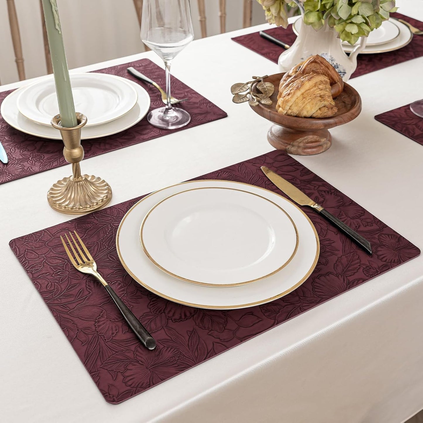 Romanstile Vinyl Placemats Set of 8-12 X 18 Inch - Heat Resistant Non-Slip Embossed Floral Place Mats 100% Waterproof Oilproof Wipeable Faux Leather Table Mats for Kitchen/Dining/Party, Burgundy