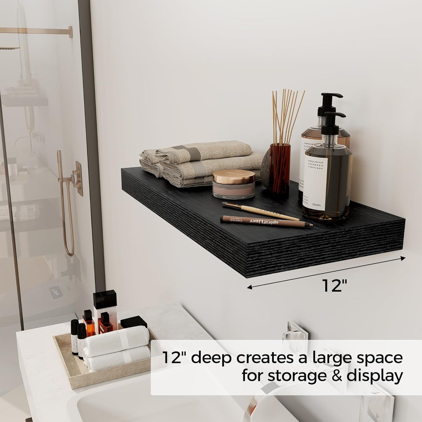 12 Inch Deep Black Floating Shelves, 24 x 12 Floating Shelf for Books, Rustic Wood Deep Wall Shelves for Home Storage & Display, 2" Thicked Shelves for Kitchen, Living Room, Bedroom, 2 Pack