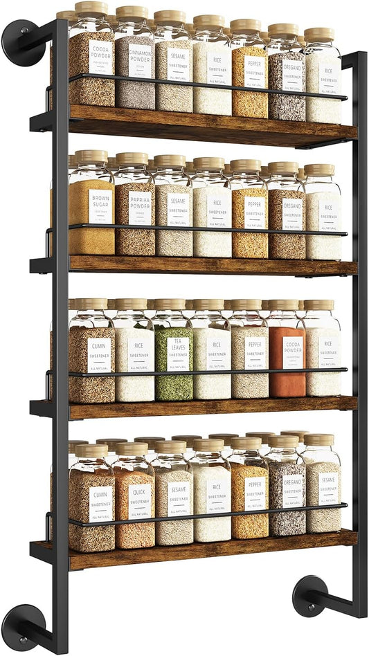 IBUYKE Spice Rack Wall Mount,4 Tier Hanging Seasoning Organizer,Large Spice Rack for Wall for up to 50 Jars,Spice Organization for Kitchen Cabinet,Bathroom,Pantry,Living Room,Brown TLJ016H
