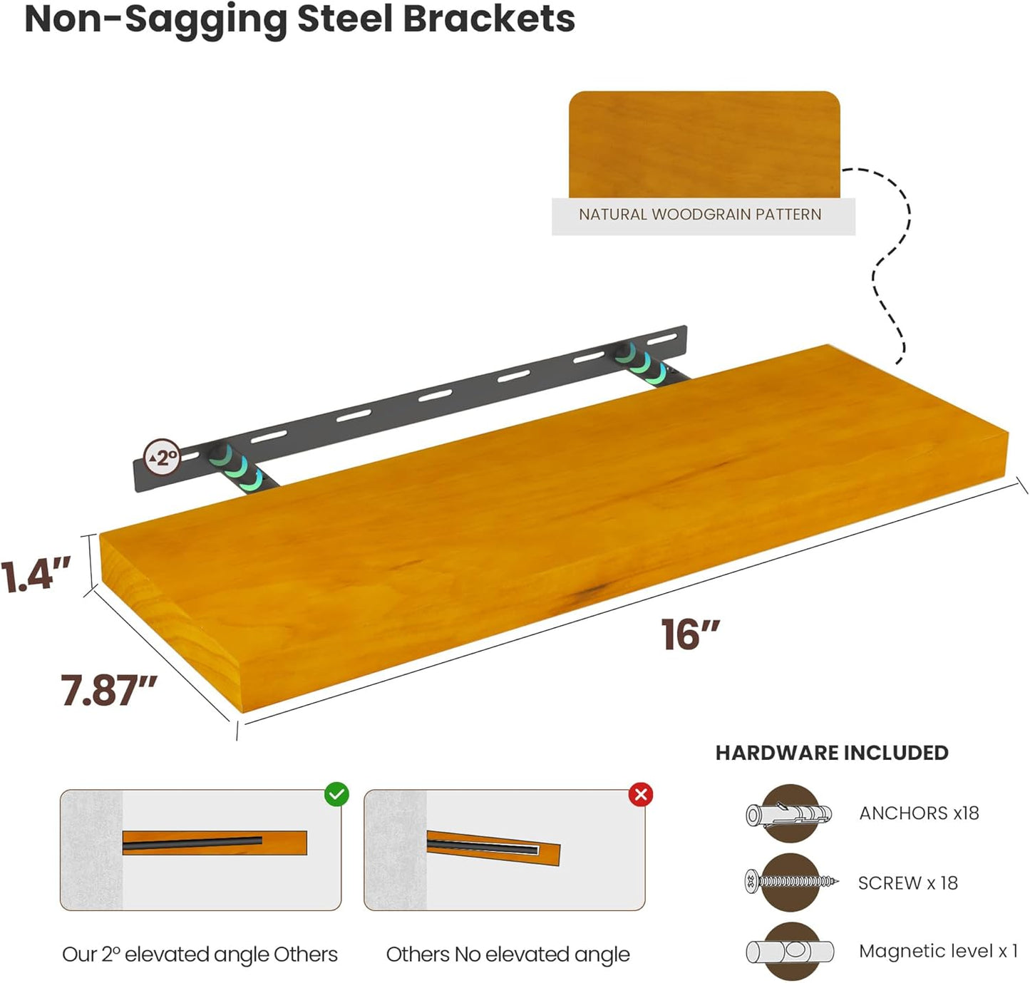 Honey Oak Floating Wall Shelves 16 Inches Long x 8”x 1.4” Shelf Floating Rustic Farmhouse Decor, Heavy Duty Shelf Hold 35 lbs, Wall Shelves for Bathroom Living Room Kitchen Bedroom Office