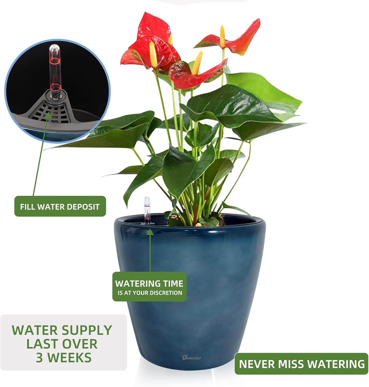 Dexceder 18x17 Self Watering Planter with Wheels Indoor Outdoor, Inner Pot Design, Thickened Large Floor Standing Flower Plant Pot with Water Level Indicator (Grayish Green Gradient)