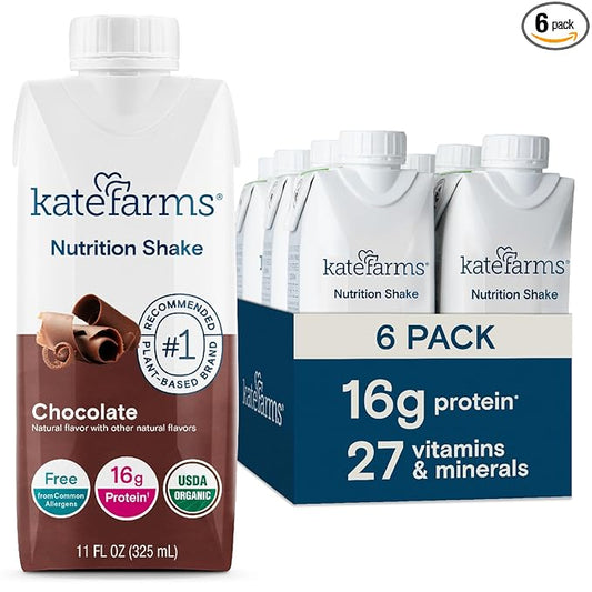 KATE FARMS Organic Nutrition Shake, Chocolate, 16g protein, 27 Vitamins 11 oz (6 Pack)