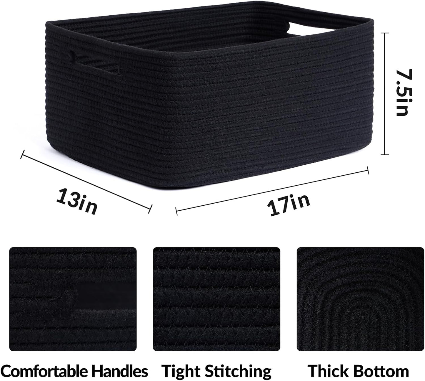 Large Storage Baskets for Shelves, Closet Organizers Bins for Clothes Blanket Towels, Baby Nursery, Toy Baskets Box, Woven Rope Baskets, 17 x 13 x 7.5”, 2 Packs Black