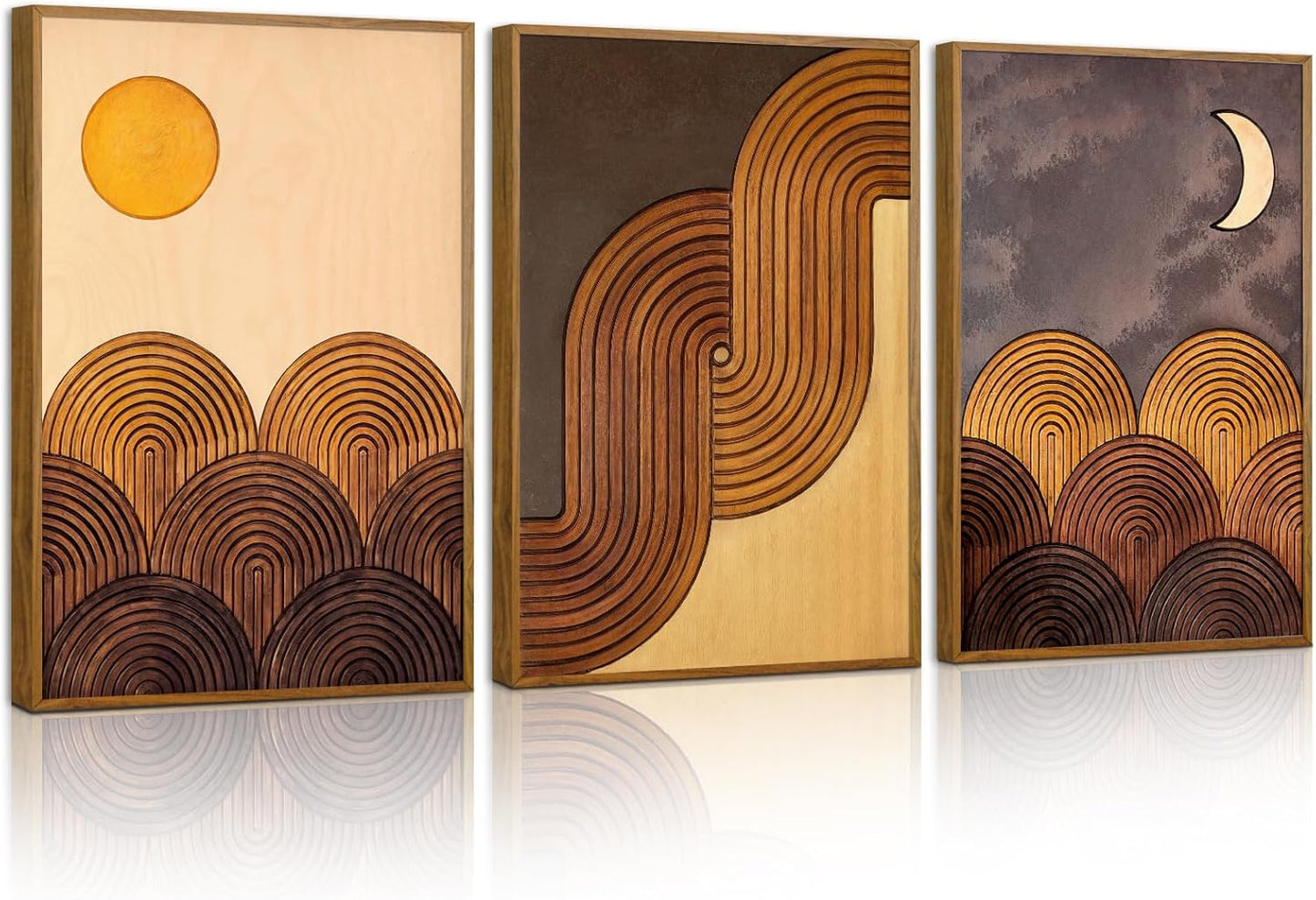 Tinonedraw Boho Mountain Framed Canvas Wall Art Set, Mid Century Modern Geometric Line Wall Decor, Bohemian Sun and Moon Art Paintings, Beige Brown Wooden Artwork for Living Room Bedroom Office 16"x24"x3