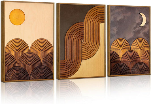 Tinonedraw Boho Mountain Framed Canvas Wall Art Set, Mid Century Modern Geometric Line Wall Decor, Bohemian Sun and Moon Art Paintings, Beige Brown Wooden Artwork for Living Room Bedroom Office 16"x24"x3