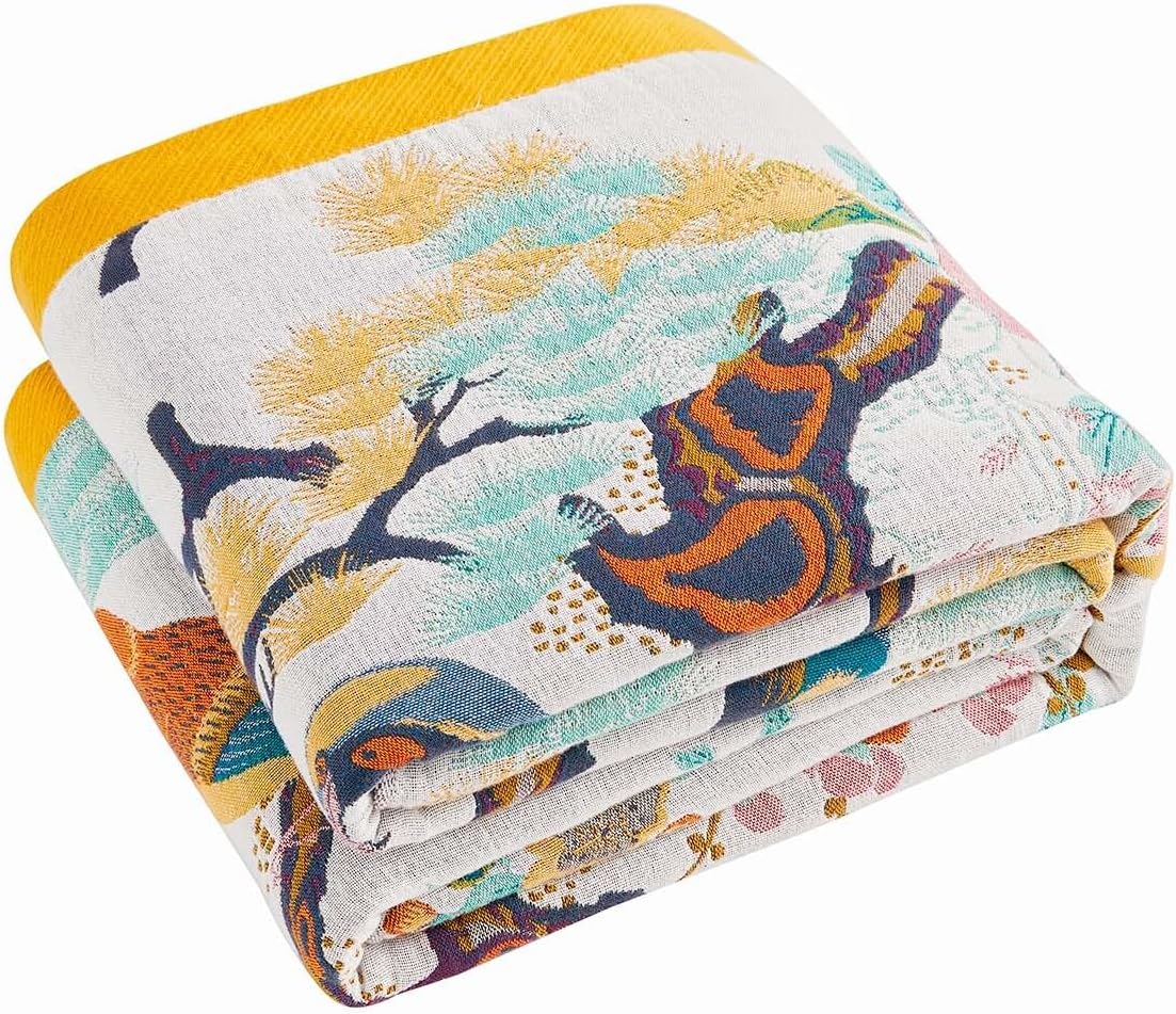 Fall Throw Blanket for Couch, Yellow Boho Decorative Throw Blanket, 100% Cotton Muslin Breathable Woven Farmhouse Blankets Quilt, 80"x90" Reversible Lightweight Blankets Bohemian Throw Quilt