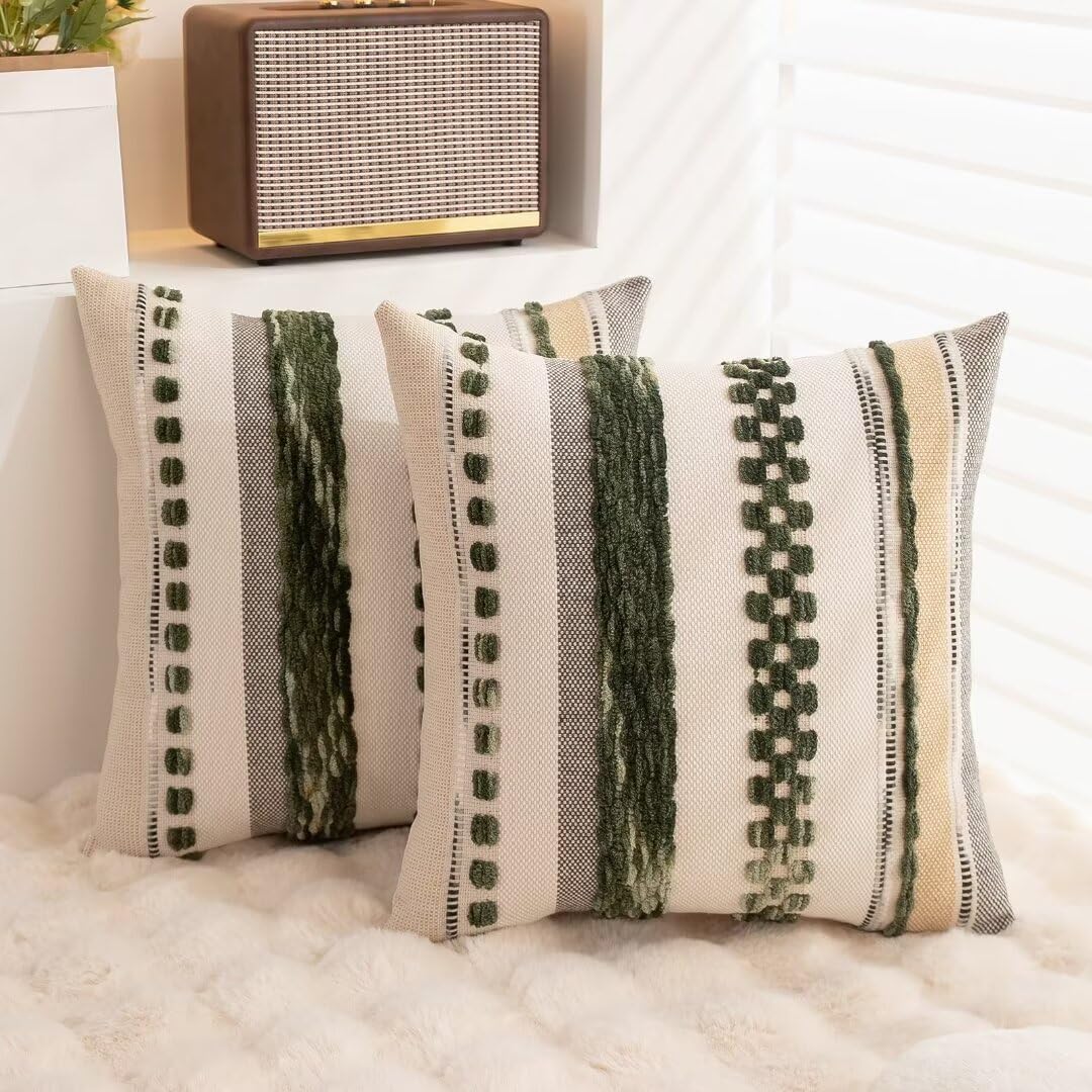Boho Throw Pillow Covers 18x18 Set of 2 Christmas Decorative Cushion Case Striped Square Pillows Cover Chenille Pillow Cases Accent Neutral Pillowcase for Sofa Couch Bed,Dark Green