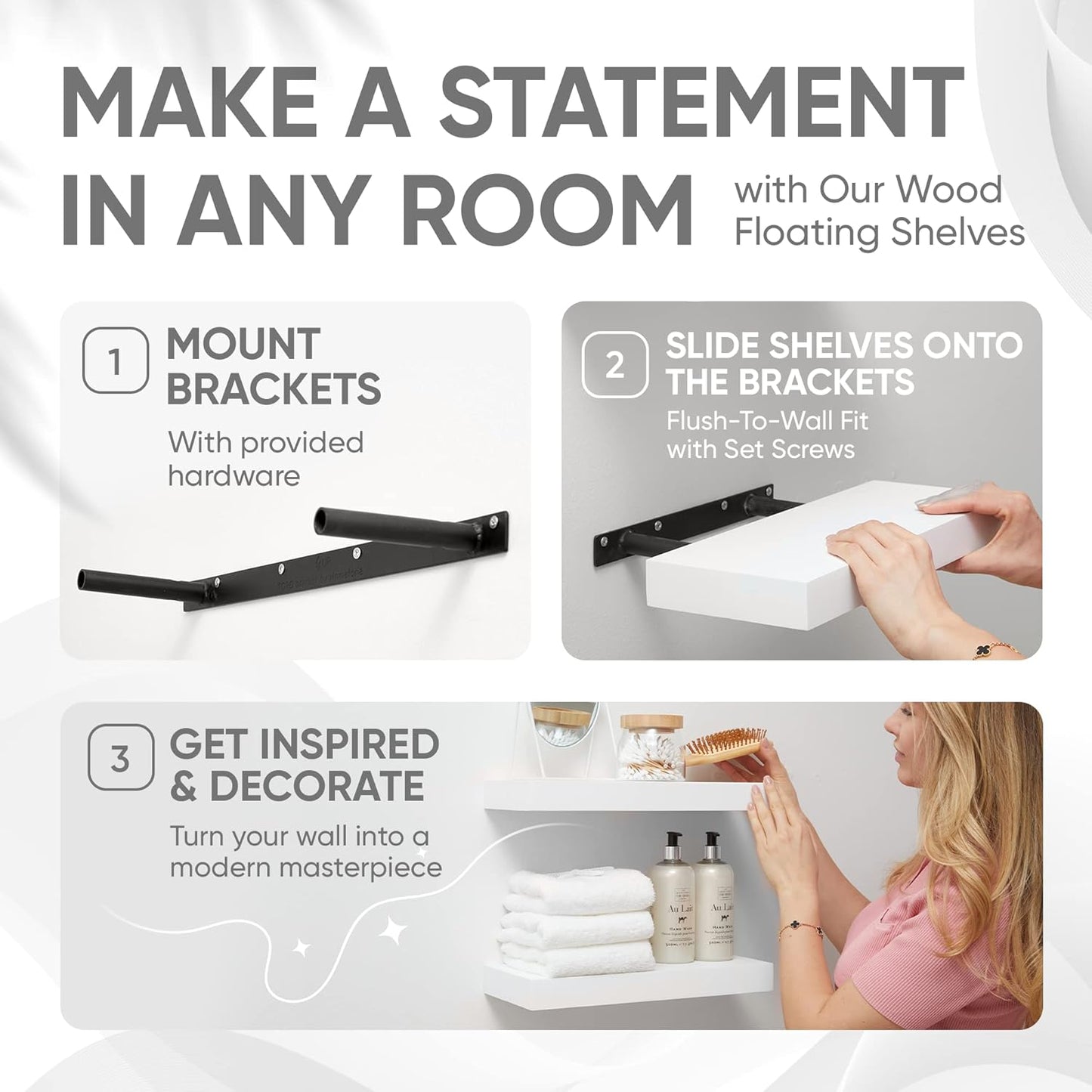 Homeforia White Floating Shelf 12 inch, High End Solid Real Wood Small 12inch Floating Shelves for Wall Mounted, White Wooden 12 in Floating Shelves, Heavy Duty Bracket, 12 X 6.5 X 1.75 inch, Set of 3