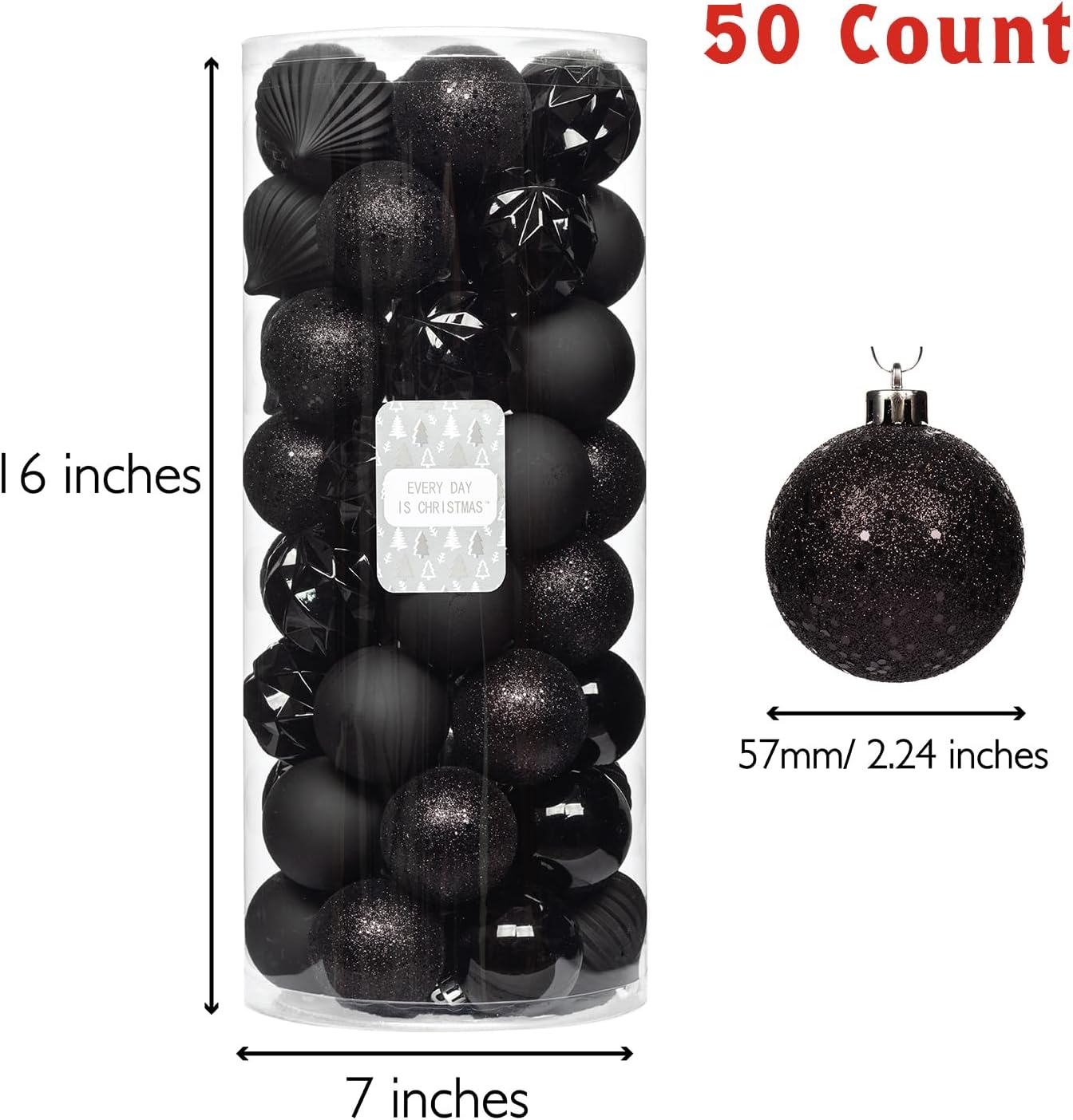 Every Day is Christmas Ornaments, Shatterproof Christmas Tree Ornament Set, Christmas Balls Decoration 50 Count (2.24"/57mm, New Black)