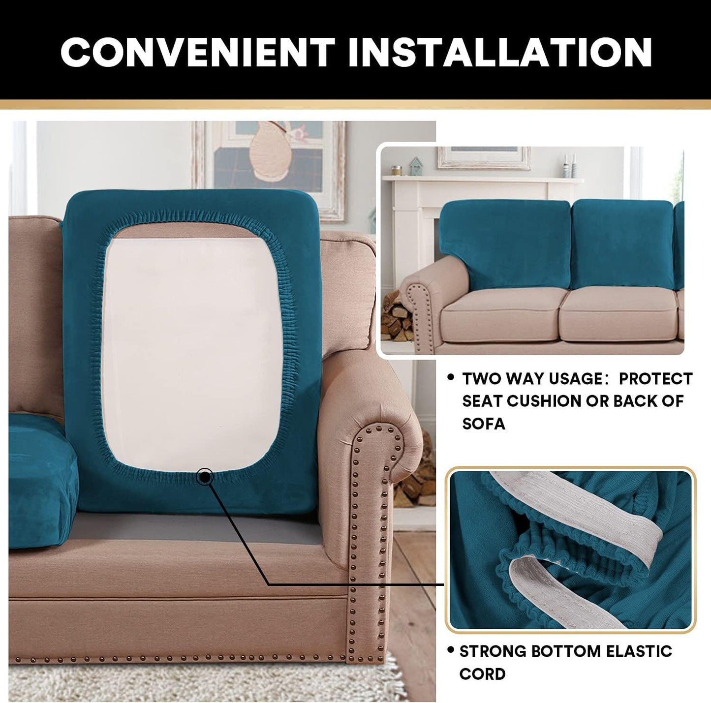 PrinceDeco Couch Cushion Cover Cushion Slipcover for Chair Sofa Cushion Furniture Protector Seat Cushion Sofa Cover for Dog Pet Kid with Elastic Straps Width Up to 29.5", Deep Teal