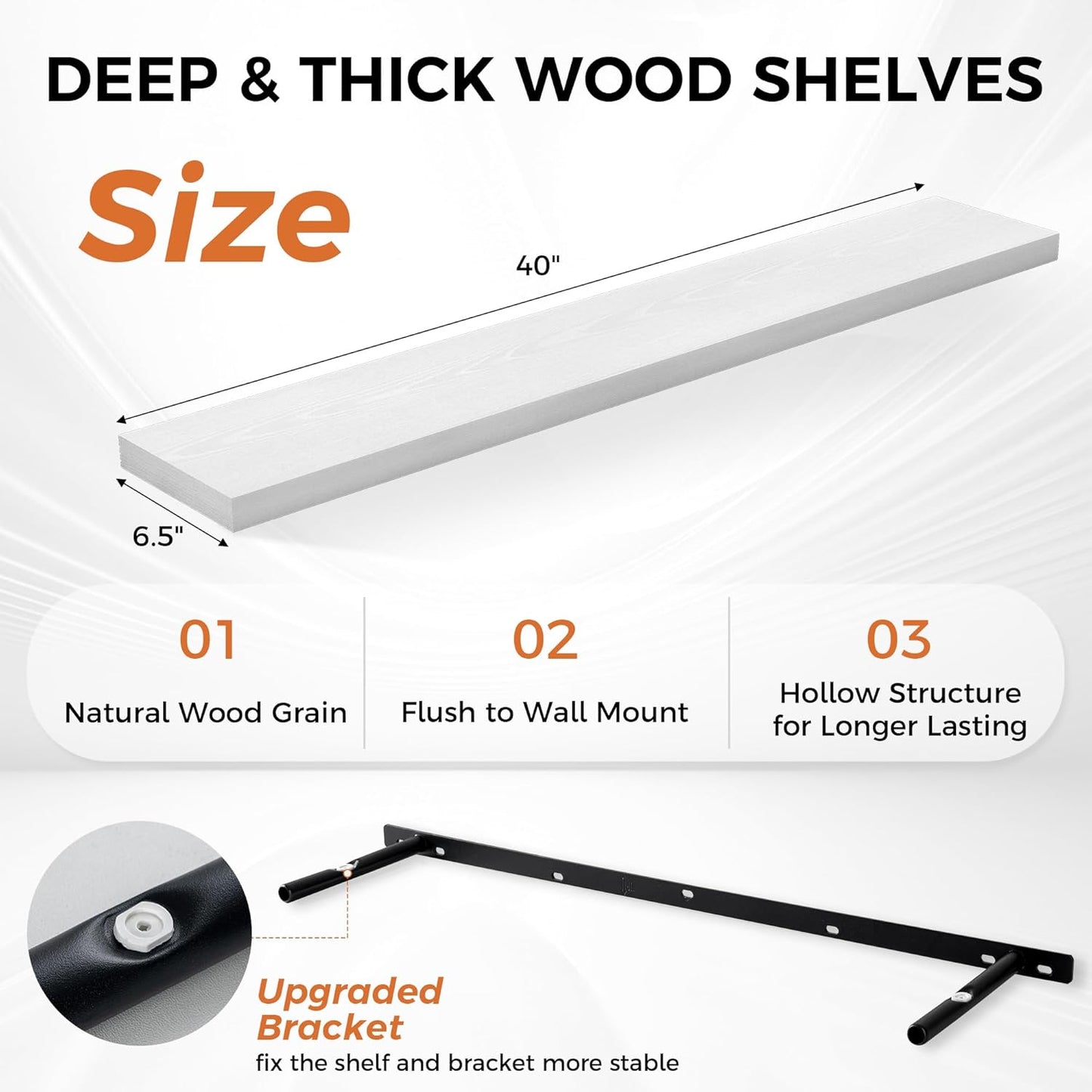 Floating Shelves for Wall, 40 Inch Floating Shelves for Home Decor, Wall Mounted Rustic Wood Shelves, Bathroom, Hanging Deep Shelf for Bedroom, Living Room, Kitchen (White, Set of 2)