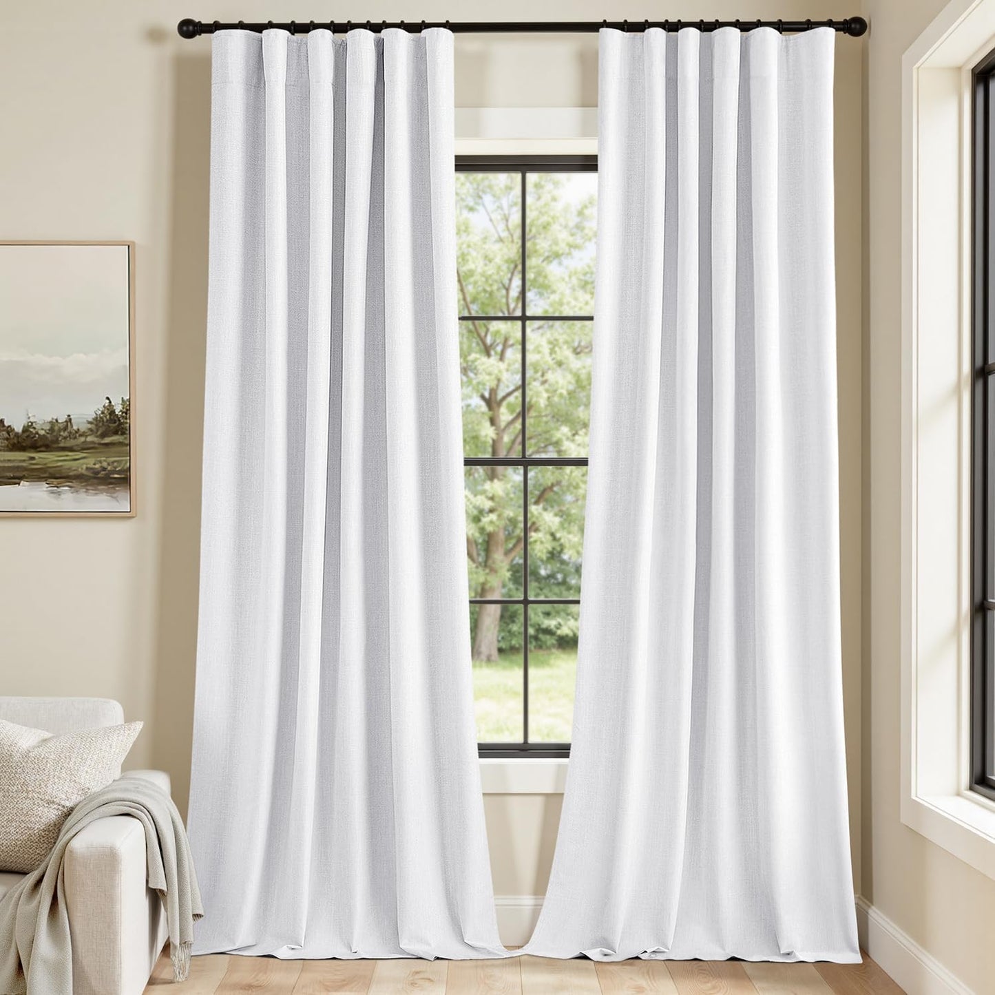 MIULEE 100% Blackout Curtains 90 Inch Long 2 Panels Set for Bedroom, Thick Faux Linen Black Out Curtain Room Darkening Back Tab Pleat Window Textured Drapes with Hooks for Living Room, Bright White