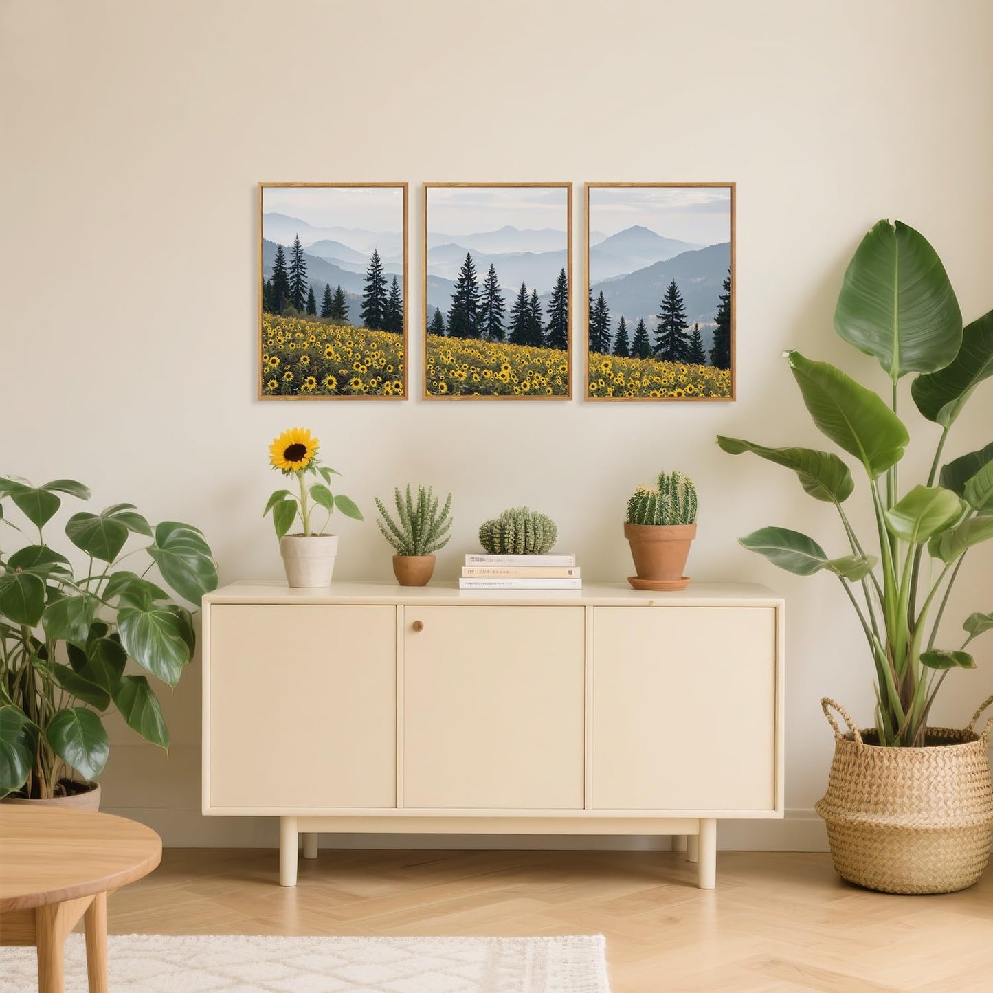 HPINUB Boho Sunflowers Landscape Framed Canvas Wall Art Set,Nature Pine Tree Wall Decor,Abstract Flowers Artwork Rustic Mountain Misty Forest Art Print for Living Room,Bedroom,Office-16 x24 x3