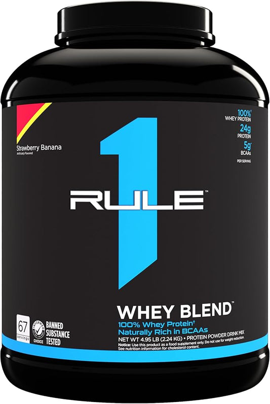 Rule One Proteins, R1 Whey Blend - 24g Fast-Acting Whey Protein Concentrates, Isolates, and Hydrolysates Per Serving, with Naturally Occurring EAAs and BCAAs (5 Pounds*, Strawberry Banana)