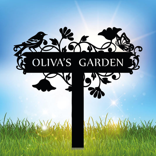 Customized Metal Birds and Flowers, Personalized Garden Sign with Stake, Gardening Decor for Outdoor, Patio and Farmhouse Decorations