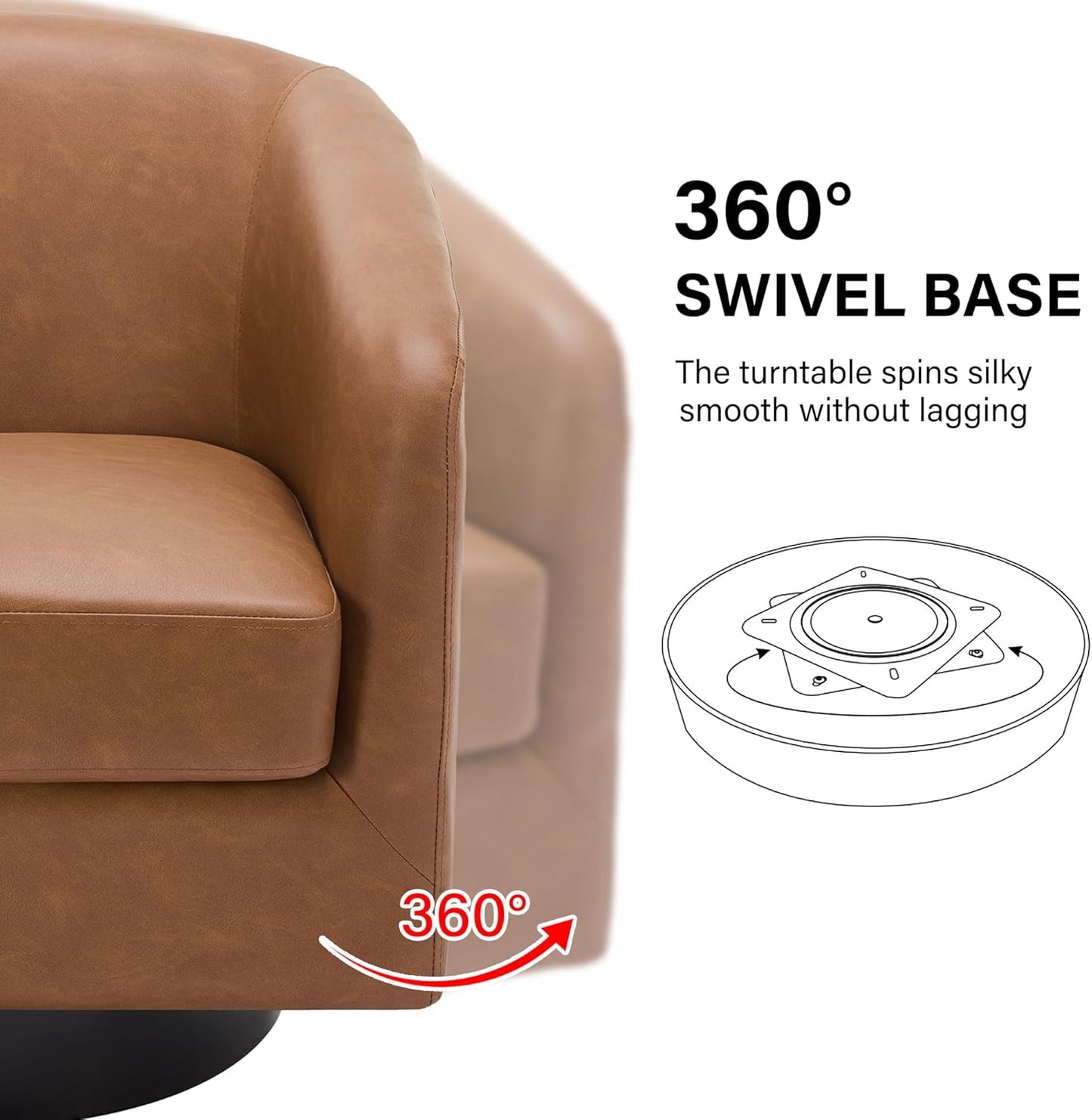 Swivel Barrel Accent Chair, Modern Round Faux Leather Arm Chair for Living Room, Bedroom, Comfy Club Reading Chairs for Adults-Faux Leather, Brown, Set of 1