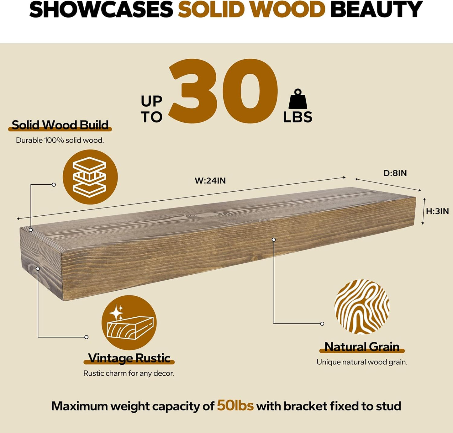 Floating Shelves 24 inch for Wall Set of 2,3 inch Thick Pine Wood Wall Mount Shelf for Kitchen Living Room Bedroom Bathroom,8" D x 24" L x 3" H-Drak Walnut