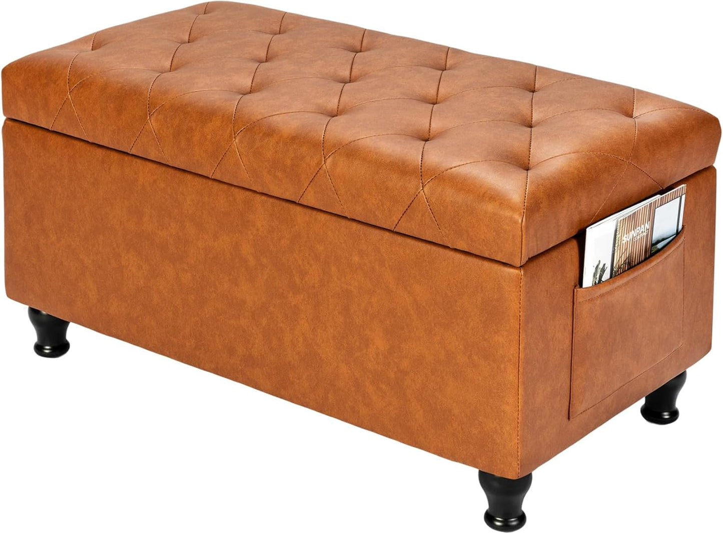 Leather Storage Ottoman Bench Rectangle 32 Inch Foot Rest Ottomans Stool for Living Room Bedroom(Yellowish Brown)