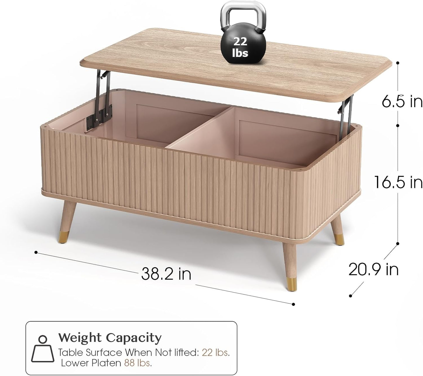 Lift Top Coffee Table with Storage Shelf & Hidden Compartment, Mid Century Modern Fluted Rectangle Dining Table for Living Room, Home Office, Natural Oak