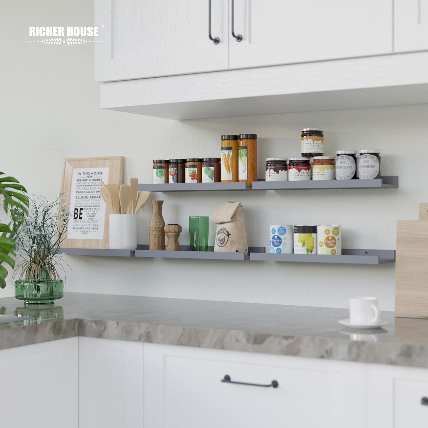 RICHER HOUSE Mounted Shelves for Wall Decor, Modern Picture Ledge Shelf with Lip for Wall Storage Nursery, Bedroom, Living Room, Bathroom - Grey