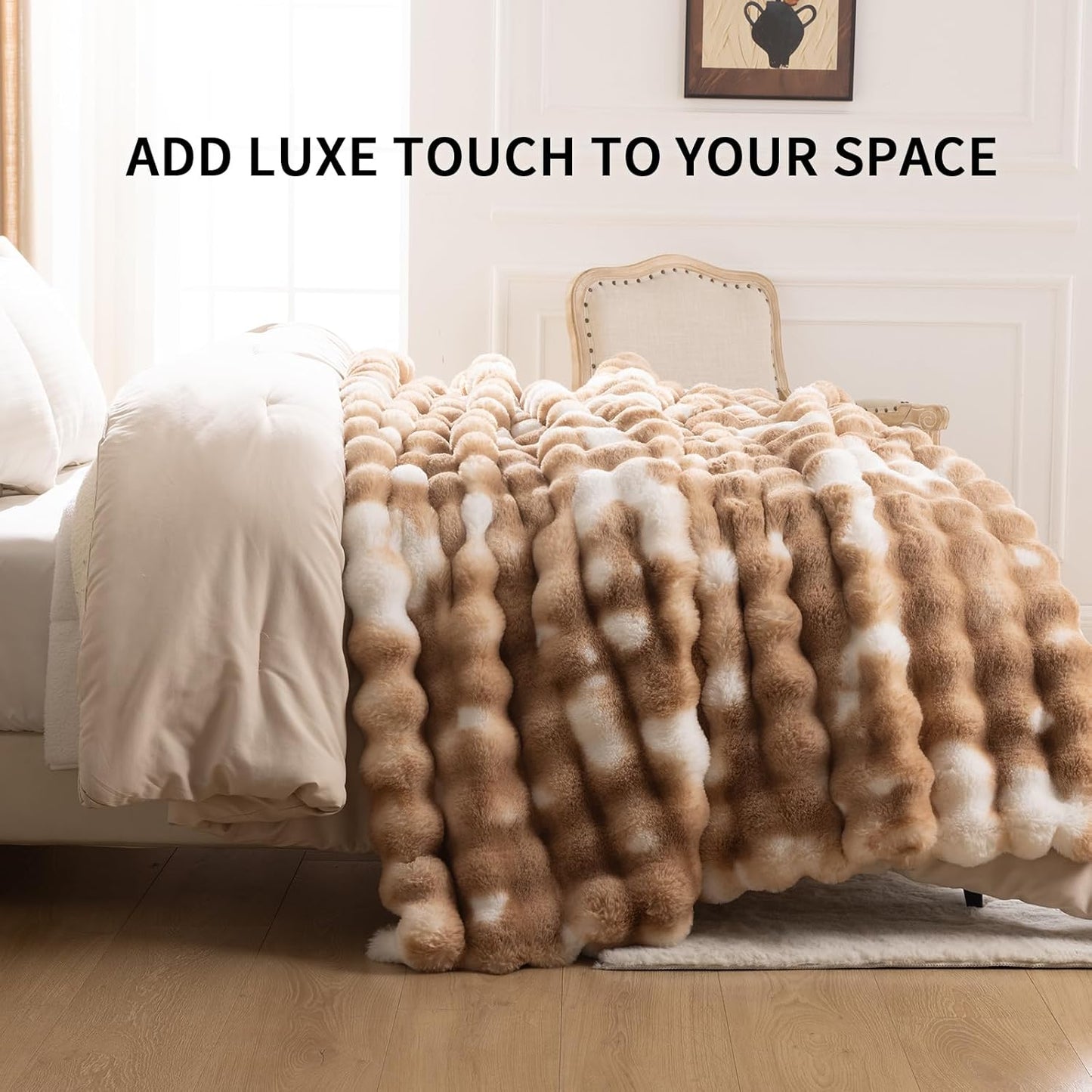 Cozy Faux Fur Throw Blanket for Bed-Warm Fuzzy Throw Blanket, Soft Plush Thick Bubble Blankets for Bedroom and Living Room, Furry Luxury Blanket, 90 x 108, Tie-Dye Brown