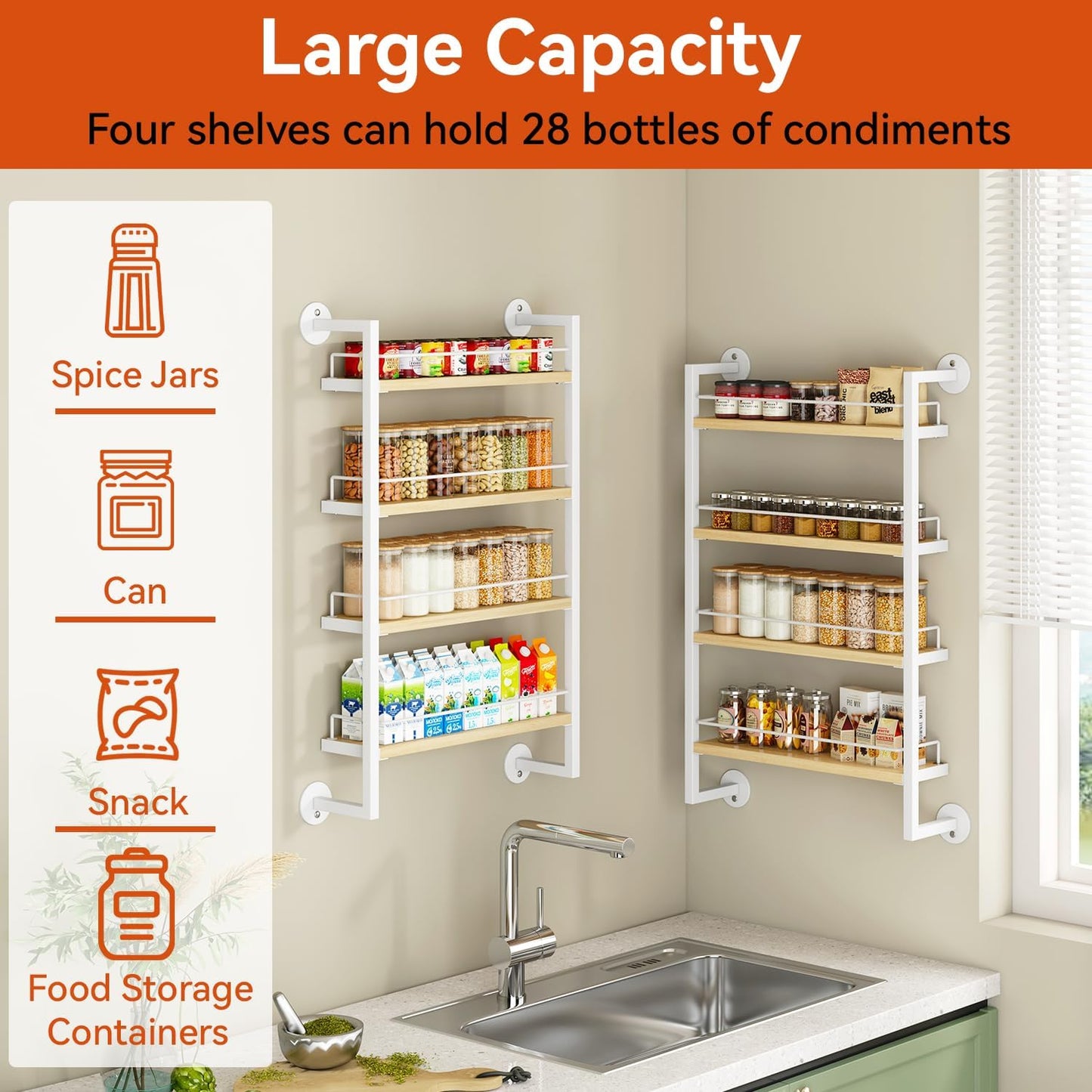 IBUYKE Spice Rack Wall Mount,4 Tier Hanging Seasoning Organizer,Spice Rack for Wall for up to 50 Jars,Spice Organization for Kitchen Cabinet,Living Room,Bathroom,Pantry,Natural TLJ016R