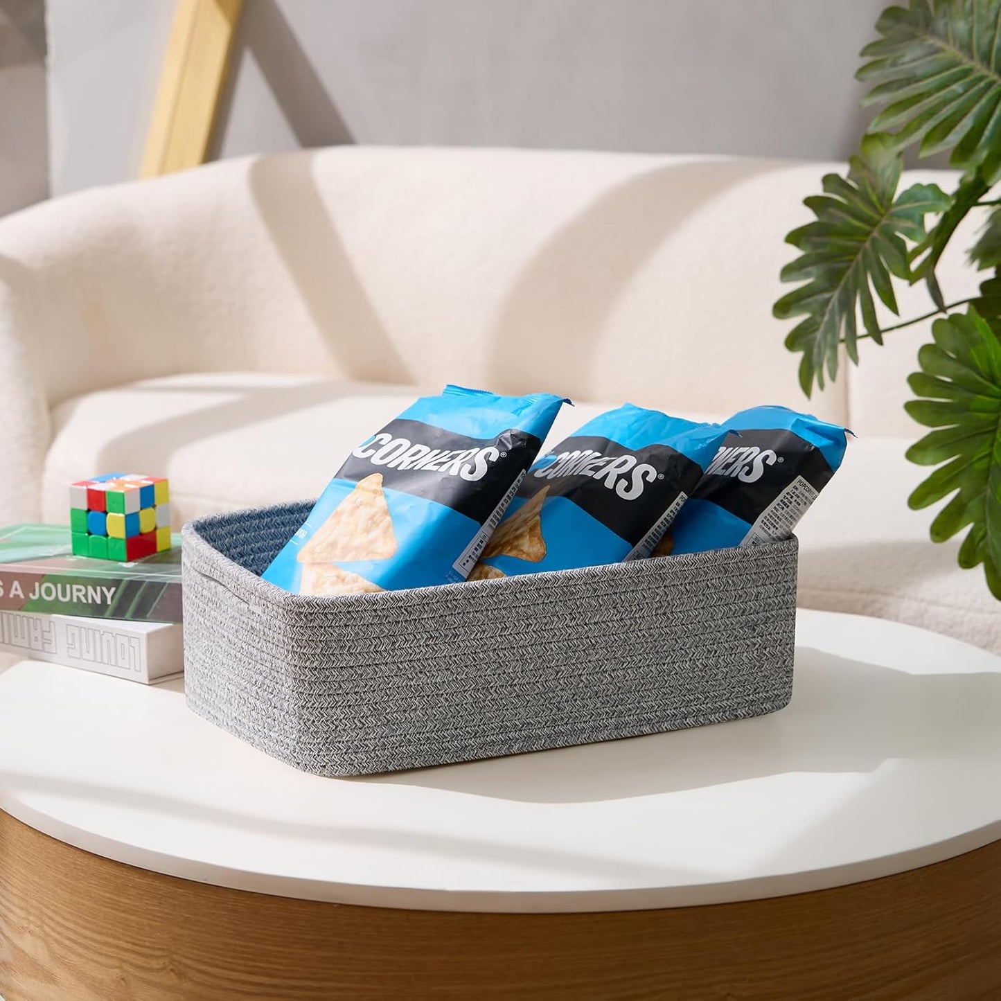 Large Shallow Organizing Baskets 15x11x5.1 Inches - Rope Woven Storage Bins for Bathroom, Shelves, Cube Closet, Mixed Grey 2 Packs