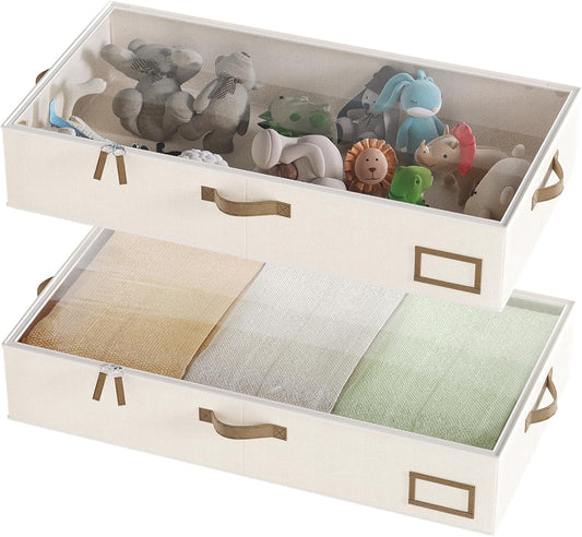Under Bed Storage Containers, 2-Pack Underbed Storage Box, Collapsible Clothes Storage Bins with Handles and Lid, Large Under Bed Organizers for Shoe, Blanket, Toy, Pillow, Sheet, Beige
