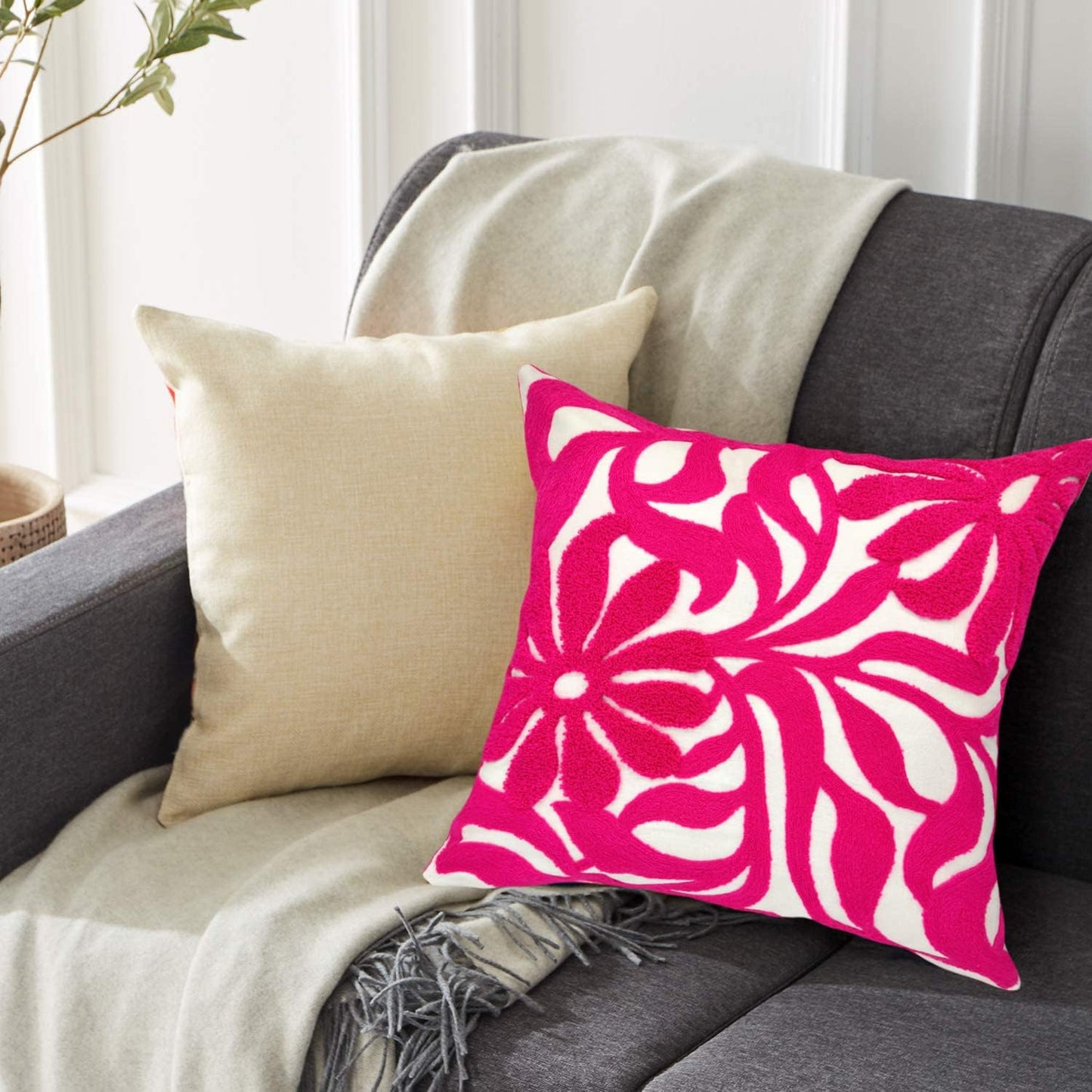 Alysheer Farmhouse Floral Leaves Embroidered Decorative Throw Pillow Cover 18x18 inches, Boho Tufted Flowers Embroidery Pattern Chic Cotton Cushion Case for Couch Bed Sofa Living Room(Bright Hot Pink)