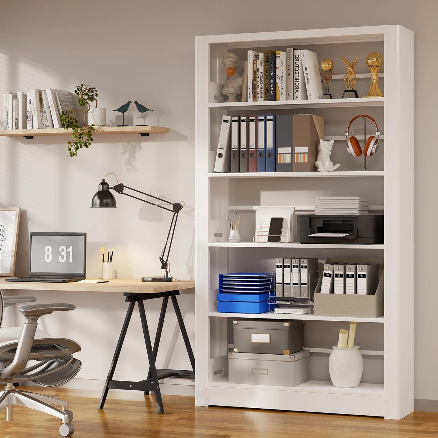 Heavy Duty Metal Bookshelf, 5 Shelf Adjustable Bookcase, 69’’ Tall Modern Bookshelves, Open Book Shelf Organizer, Large Sturdy Book Case for Living Room, Library, Office, White Book Shelf