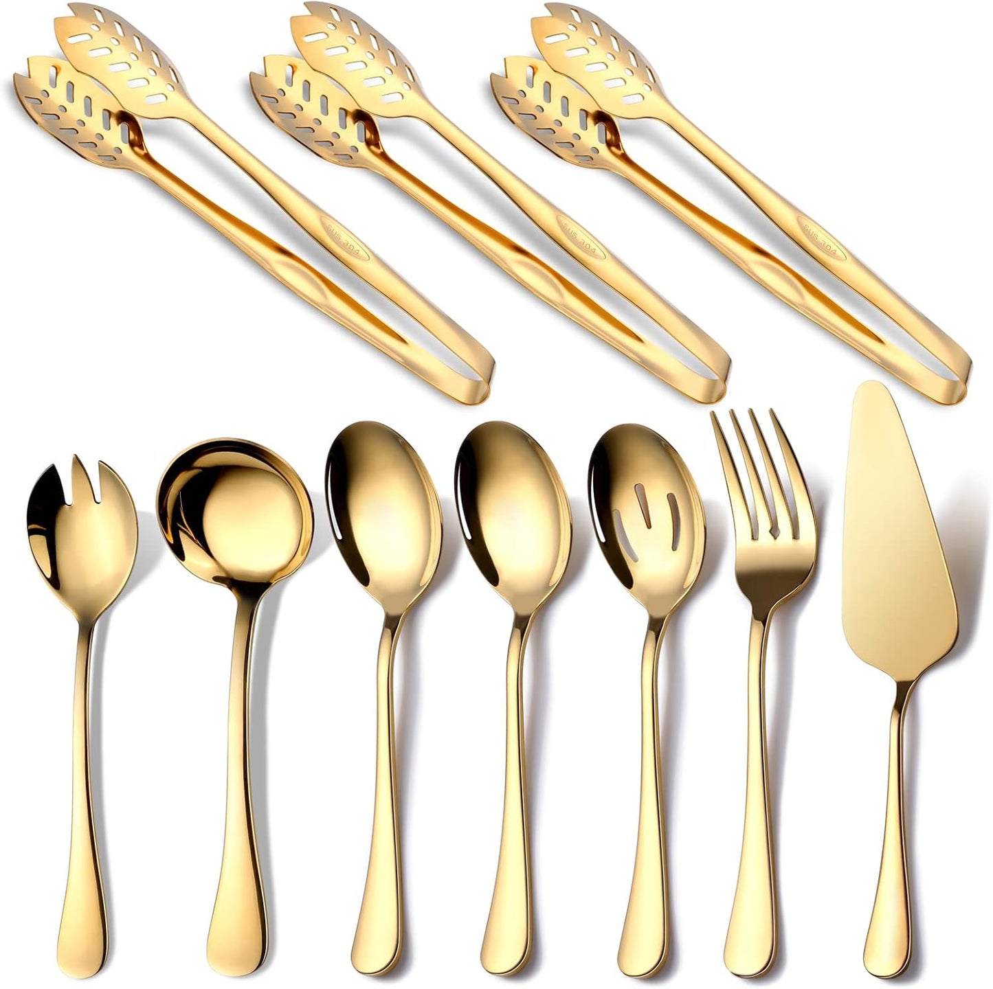 Gold Serving Utensils, OGORI 10-Piece Polished Stainless Steel Gold Serving Utensils Set Include Serving Spoons, Slotted Serving Spoon, Serving Tongs, Serving Fork, Salad Fork, Soup Ladle, Pie Server