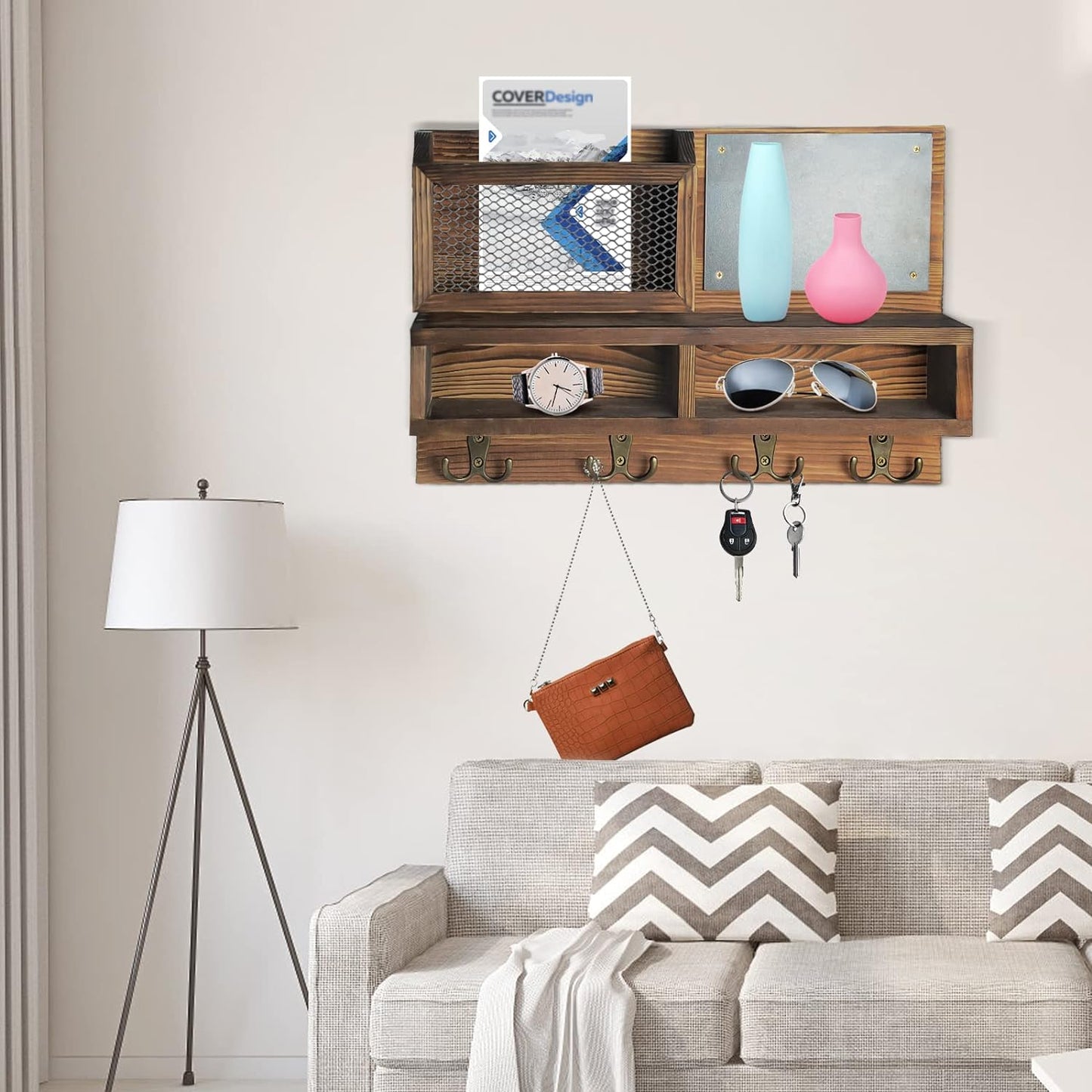 Key Holder for Wall, Mail Organizer Wall Mount with Key Hooks and Wallet Holder, Sunglasses Storage and Dog Leash Hanger, Decorative with 4 Double Hooks and Chalkboard