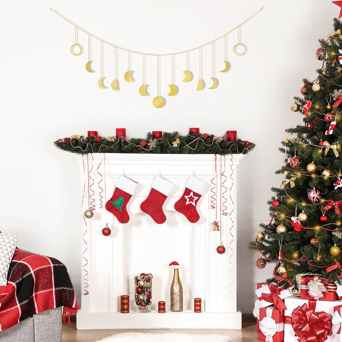 Mkono Moon Phase Wall Hanging Boho Aesthetic Room Decor Metal Moons Garland Hanging Art Bohemian Home Decoration for Girls Room Nursery Bedroom Livingroom Dorm, Ideal, Gold, 55"