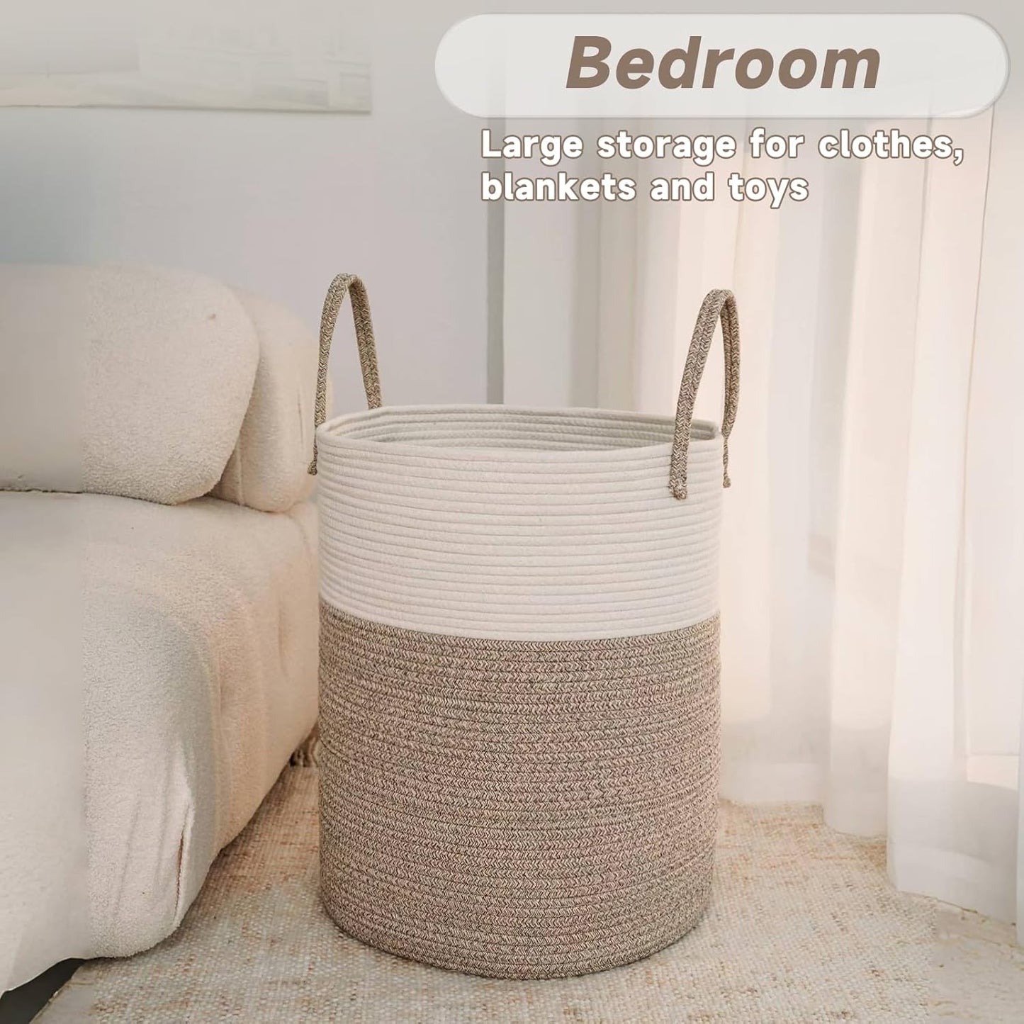 Large Woven Laundry Basket Hamper,60L Cotton Rope Storage Bin for Blankets,Toys and Clothes,Decorative Tall Nursery Hamper for Living Room,Baby Nursery,Bathroom and Bedroom,Brown