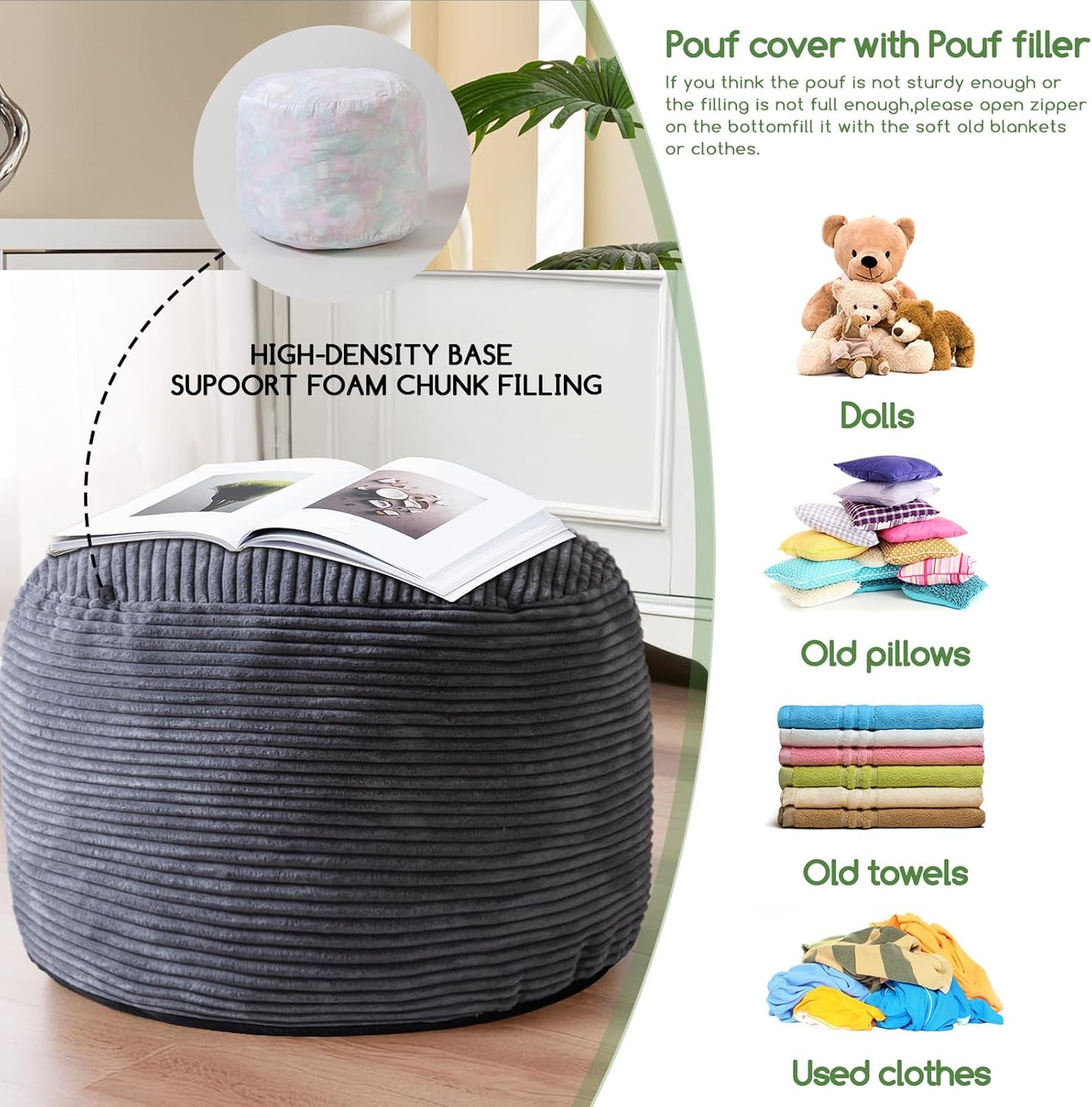 HIGOGOGO Round Stuffed Pouf Ottoman, Corduroy Poufs with Foam Chunk Filling, Furry and Fluffy Pouf Foot Stool Storage Ottoman, 20 X 15 Floor Poufs Foot Rest for Living Room, Dark Grey