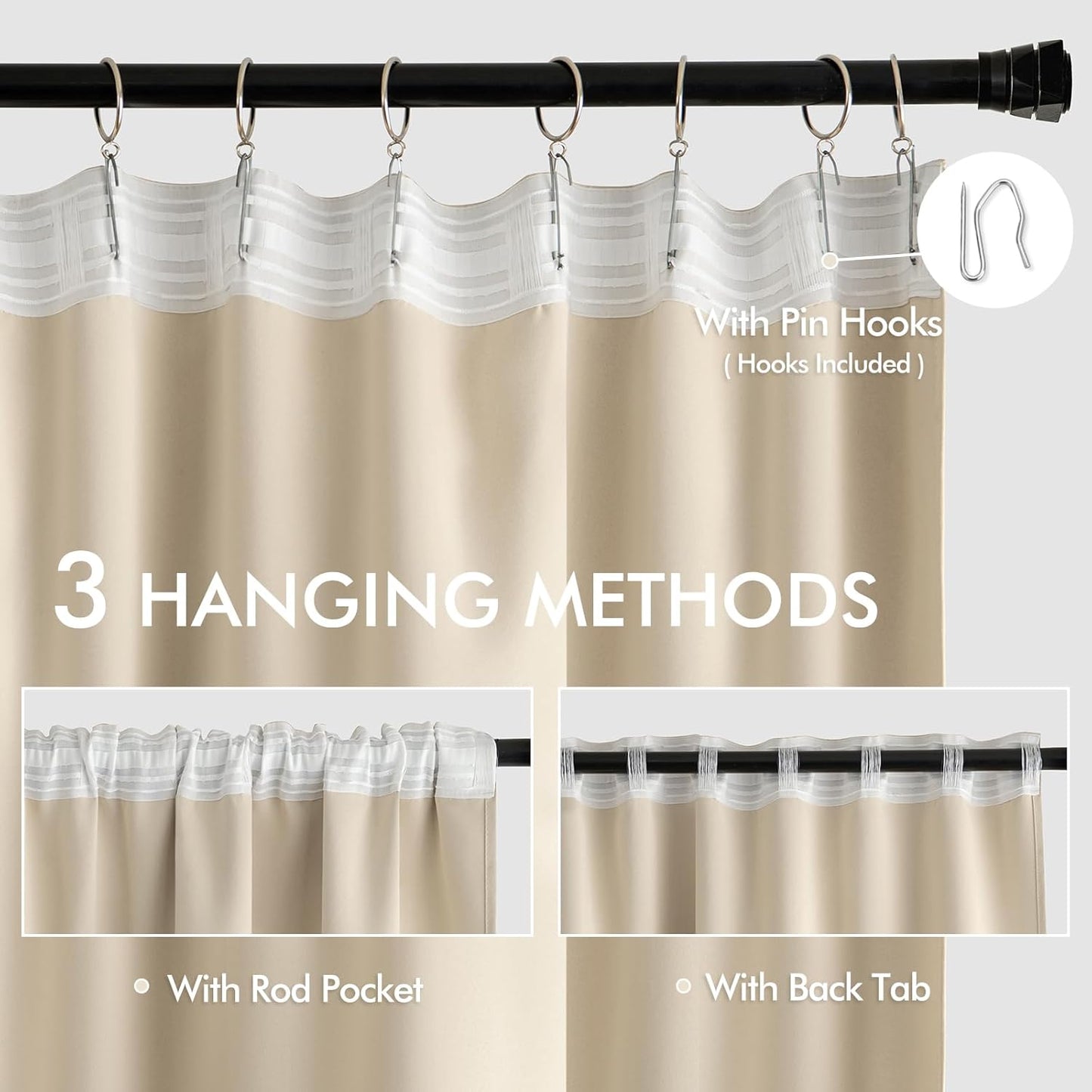 MIULEE Cream Beige Back Tab Light Blocking Curtains 95 Inch Length 2 Panels Set for Living Room Bedroom Privacy, Rod Pocket/Pinch Pleat Thermal Insulated Room Darkening Pleated Blackout Drapes
