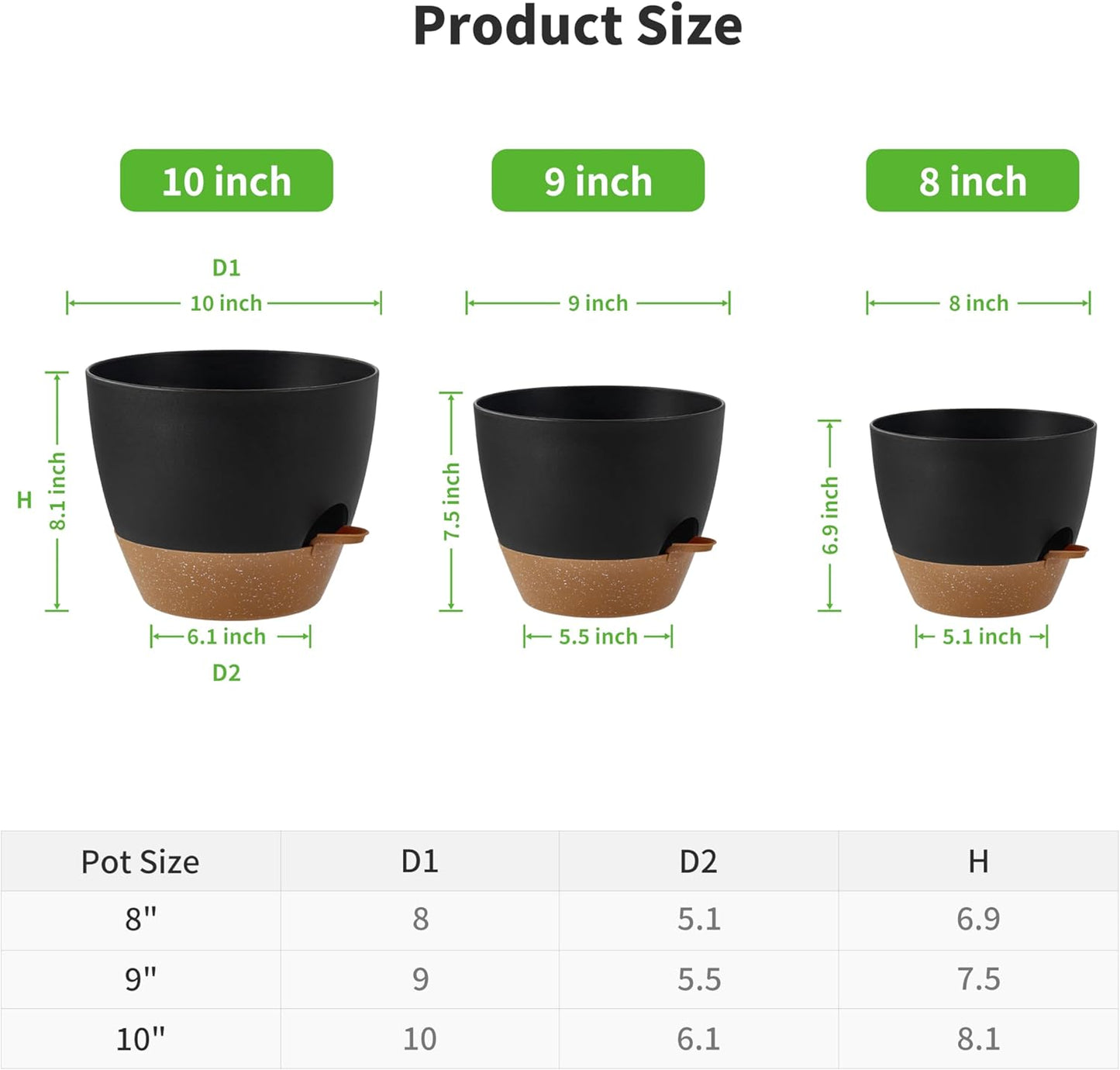 FaithLand 3-Pack Planter Pots, 10 9 8 Inch Self Watering Flower Pots for Indoor Outdoor Garden Plants, Black with Brown