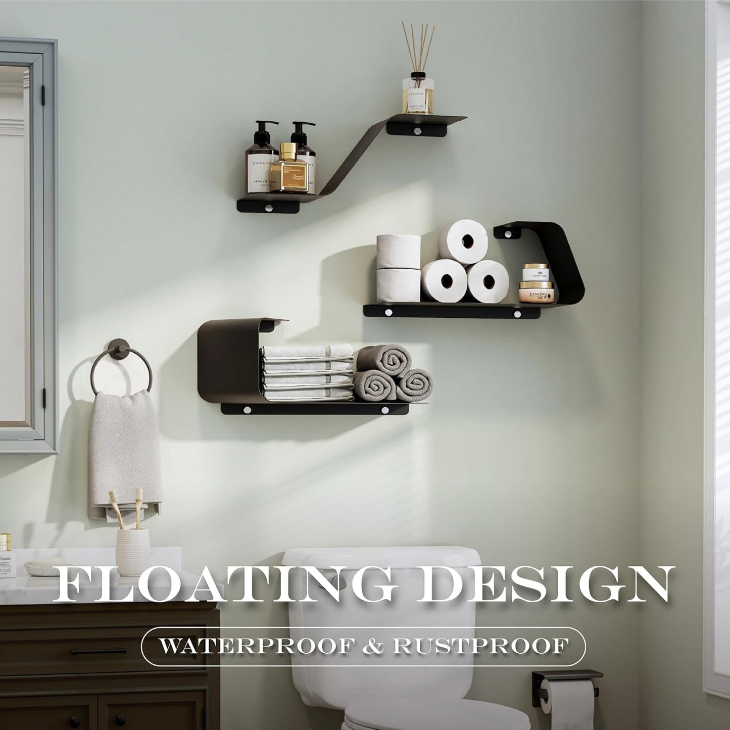 Floating Shelves, Wall Shelf, Set of 3 Wall Mounted Metal Shelves with Unique Design for Wall Storage, Book Shelf, Display Shelves for Bathroom Bedroom Kitchen Living Room for Home Black