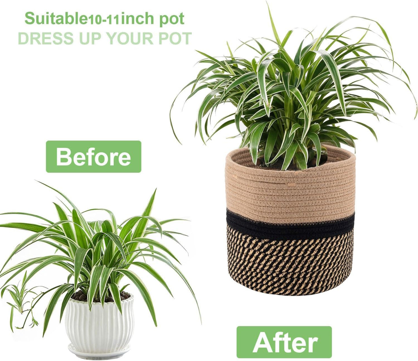 Woven Cotton Rope Plant Basket for 11" Flower Pot Floor Indoor Planters,Storage Organizer Basket Rustic Home Decor (11" x 11",Black and Brown Stripes)