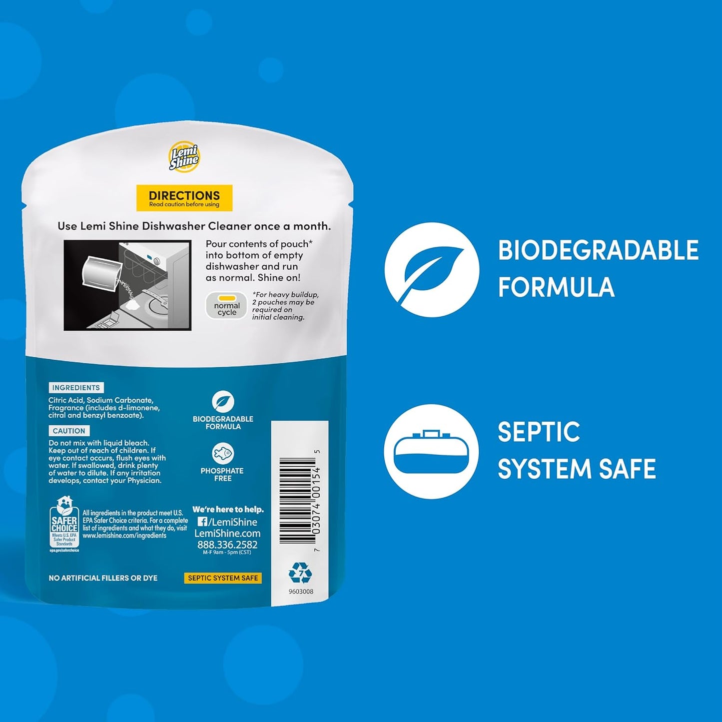 Lemi Shine Natural Dishwasher Cleaner - Dishwasher Cleaner and Deodorizer Powered by Citric Acid and a Natural Fresh Lemon Scent (1 Count)