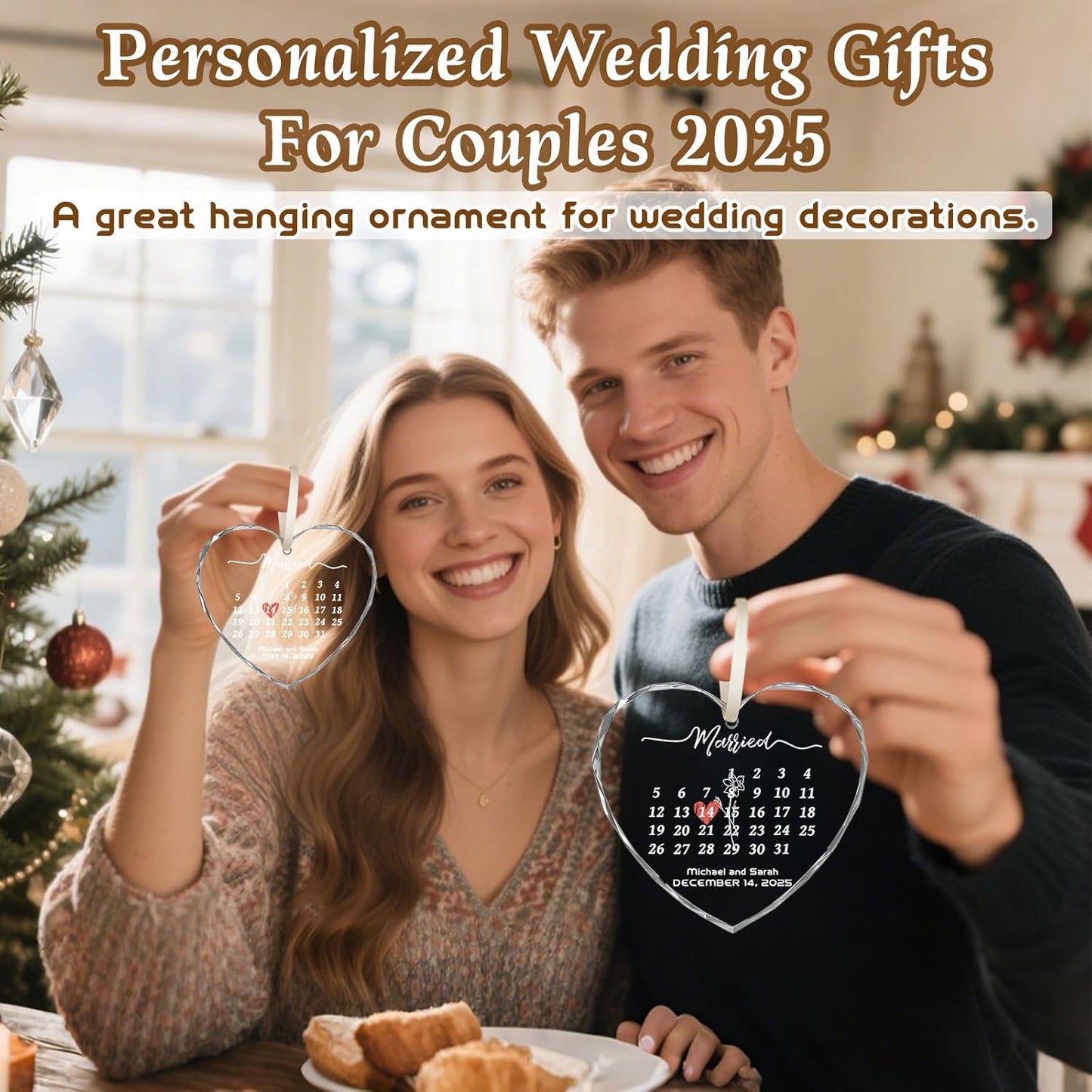 First Christmas Married Ornament 2025, Custom Wedding Crystal Glass Ornament with Photo, Name or Date, Personalized Wedding or Bridal Shower Gifts for Newlyweds