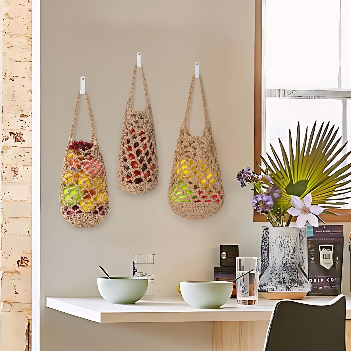 AARAINBOW Boho Wall Hanging Baskets for Kitchen Storage, Fruit Woven Wall Basket 9 Pcs, Hanging Vegetable and Onion Storage with 24 Hooks （Brown）